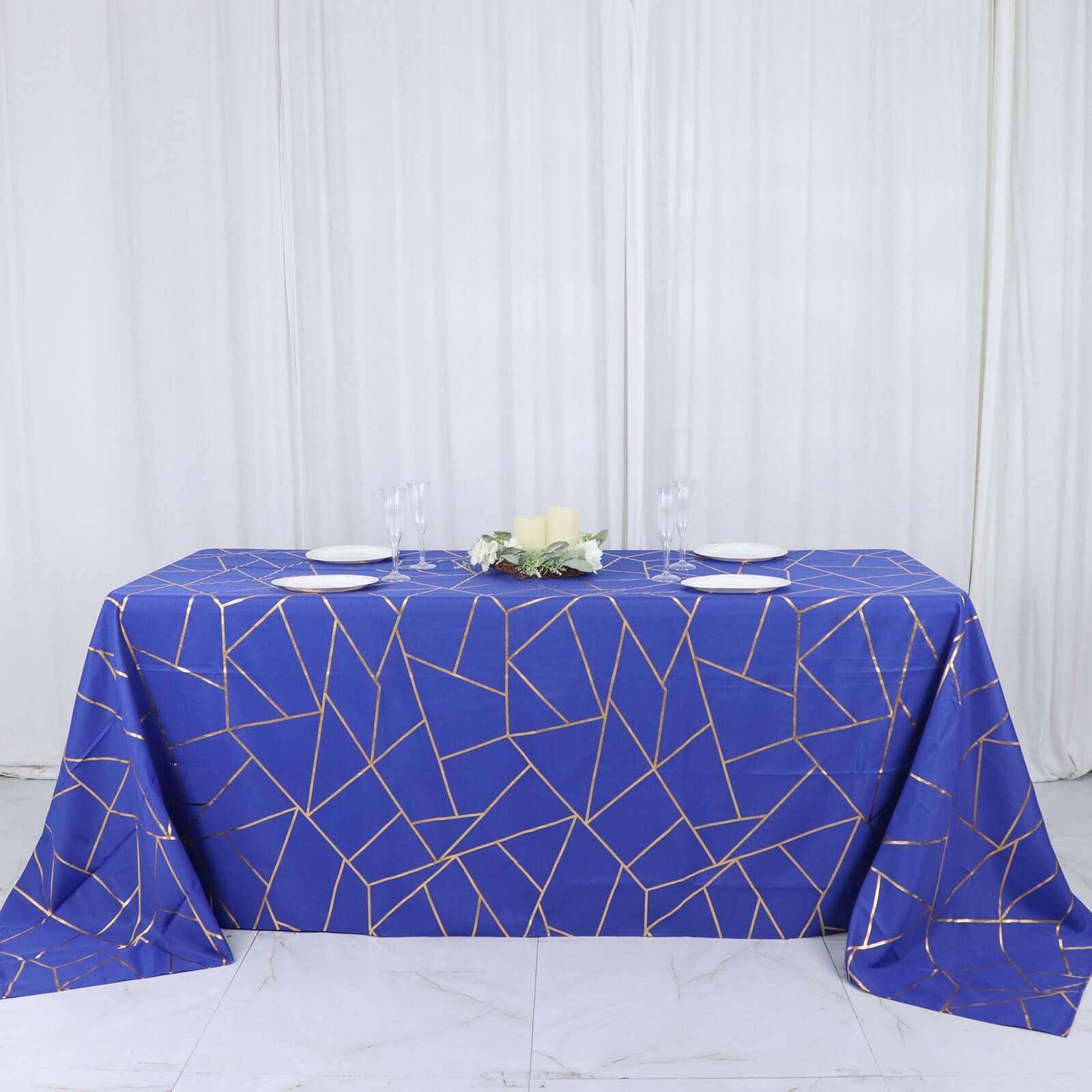 Royal Blue Polyester Tablecloth with Gold Foil Geometric Pattern - Wrinkle-Resistant for Events