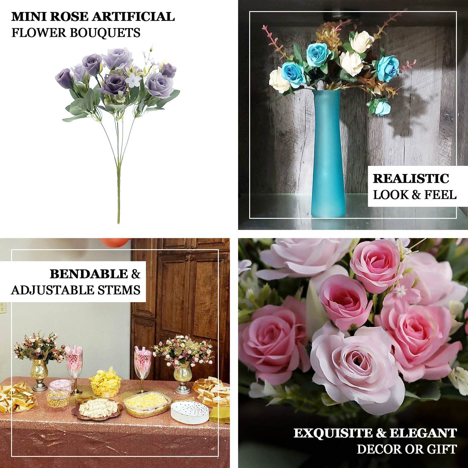 Hot Deal! 4 Bushes 12-Inch Dusty Rose Artificial Silk Rose Flower Bouquet for Weddings and Decor
