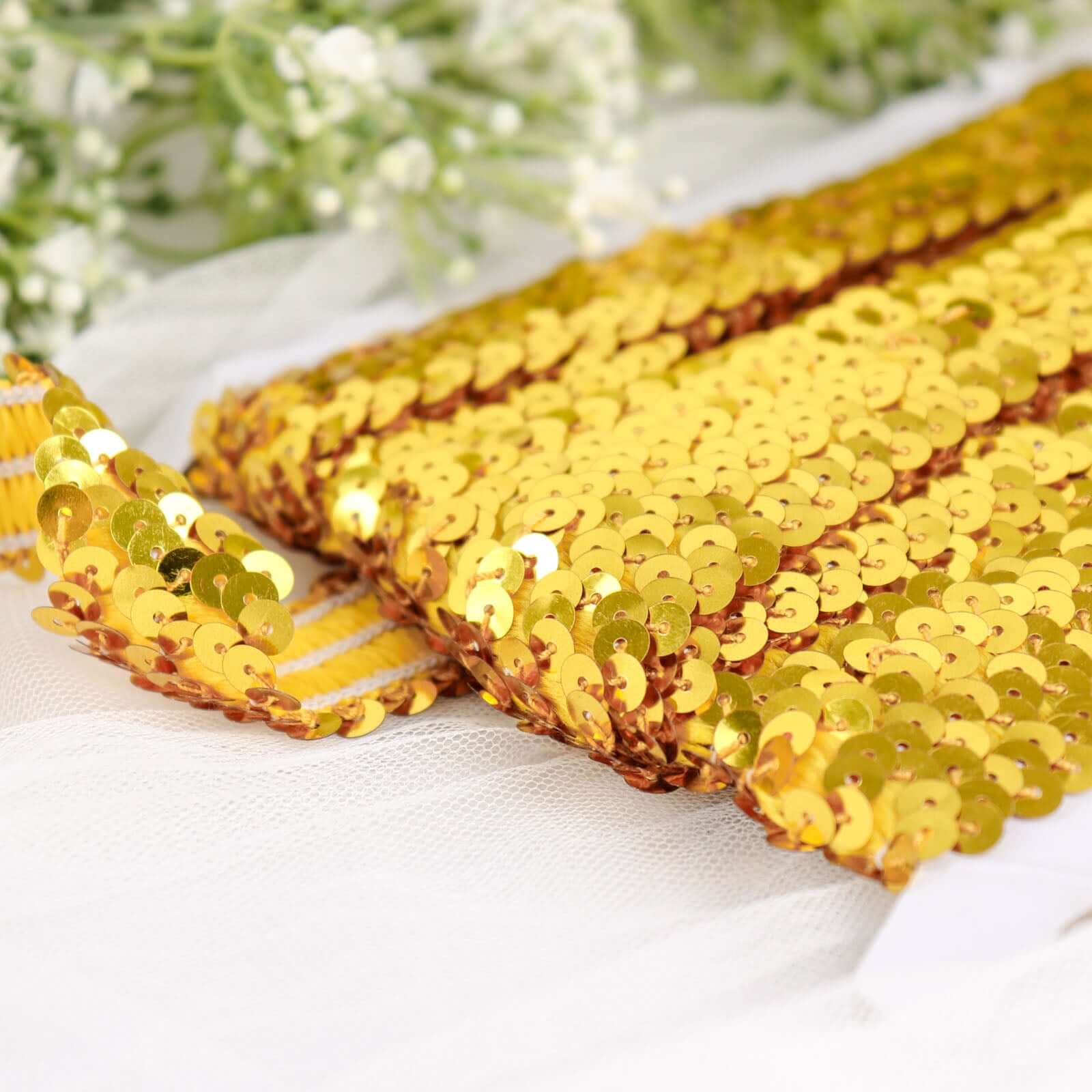 Hot Sale! 10-Yard Gold Metallic Sequin Stretch Fabric Ribbon for Crafting
