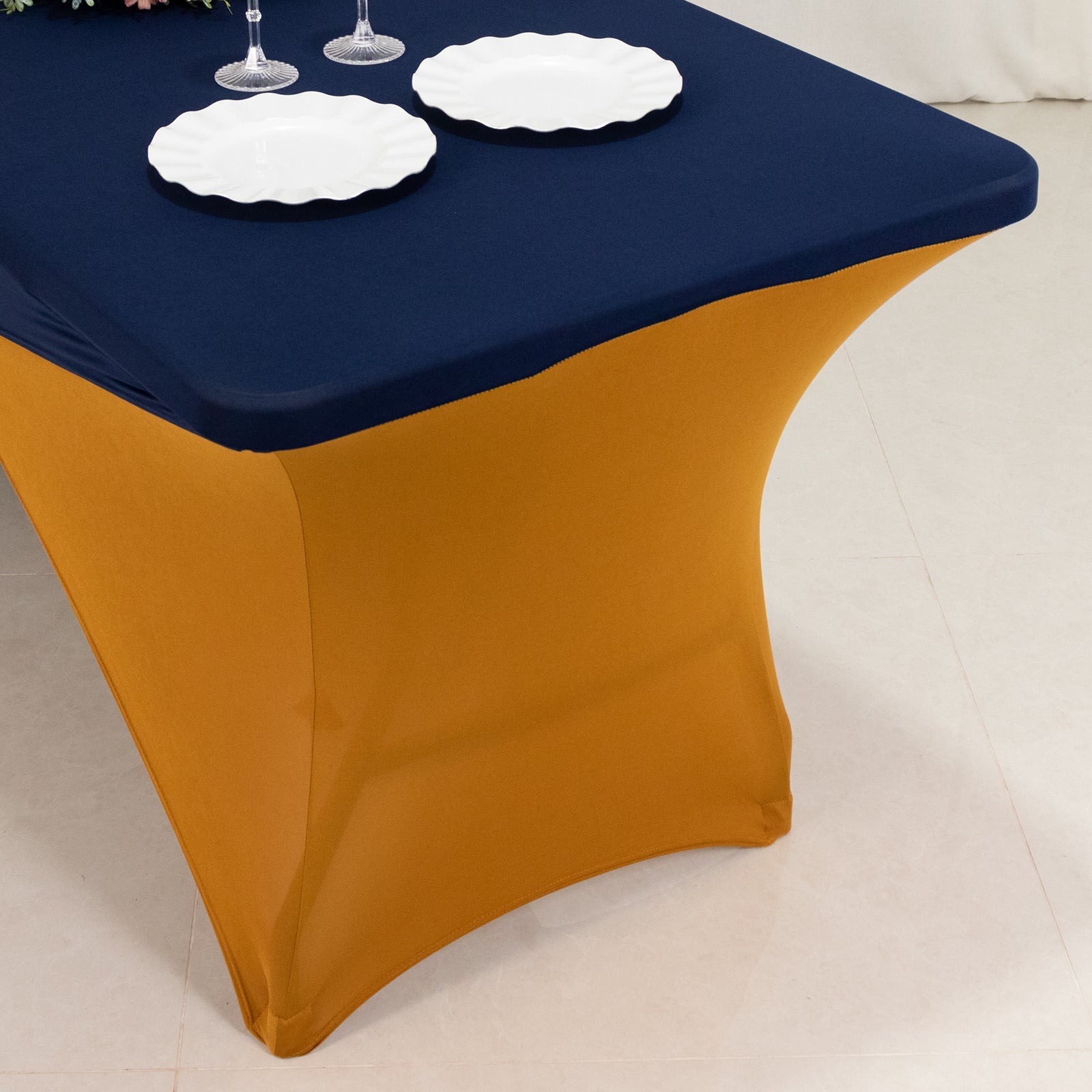 Navy Blue/Gold Stretch Spandex Two-Piece Fitted 72x30 Rectangle Table Cover