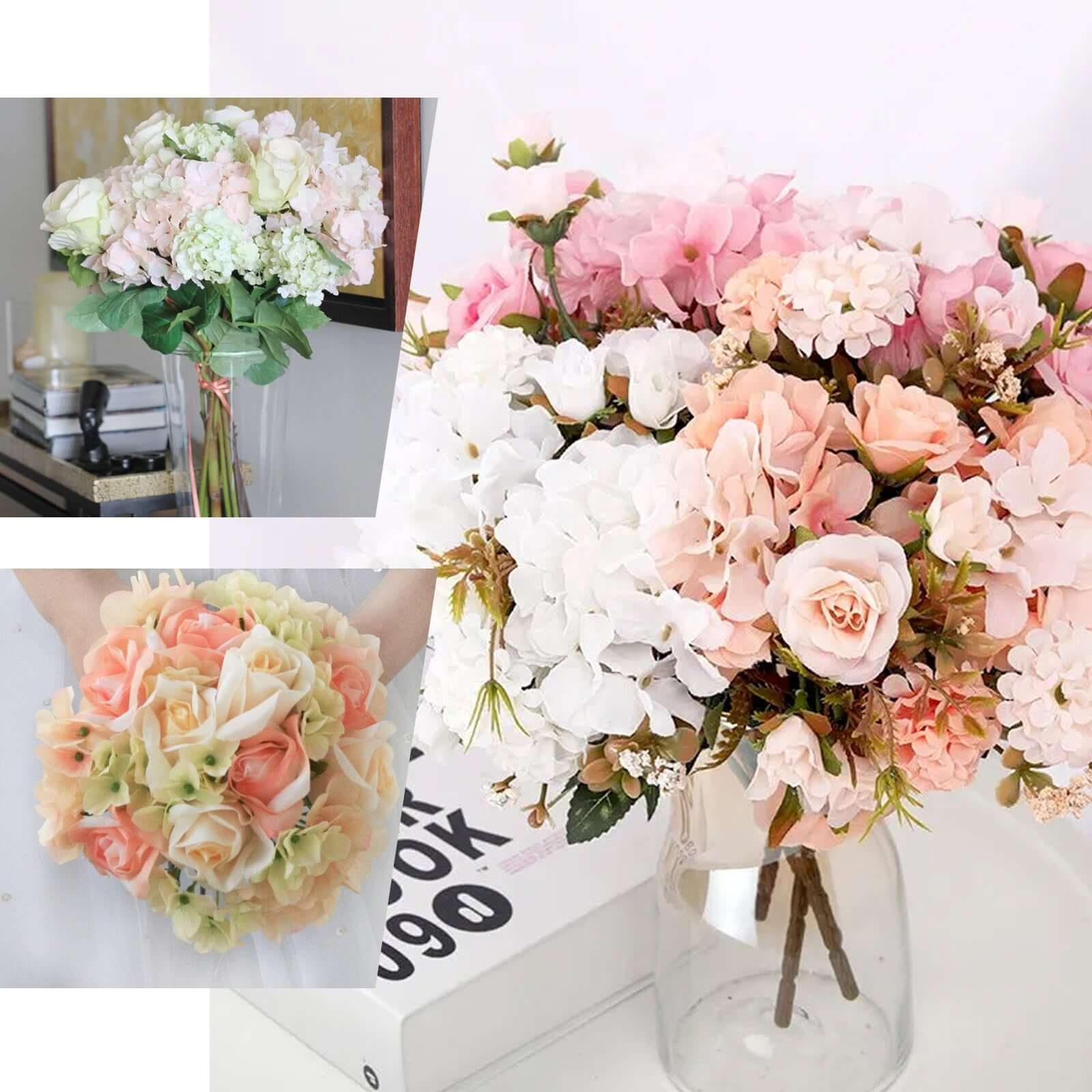 Hot! 2 Pink Artificial Silk Rose and Hydrangea Flower Bouquets