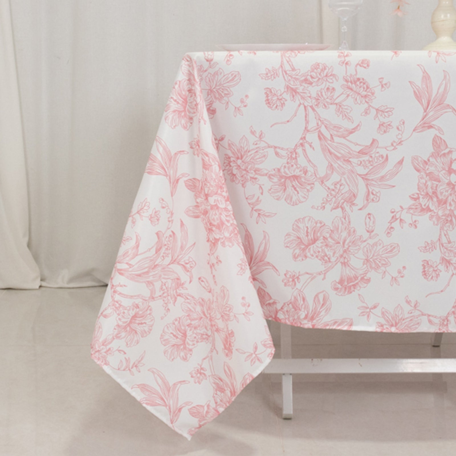 Exclusive Polyester 70x70 Square Table Overlay in White - Pink French Toile Pattern for Elegant Gatherings