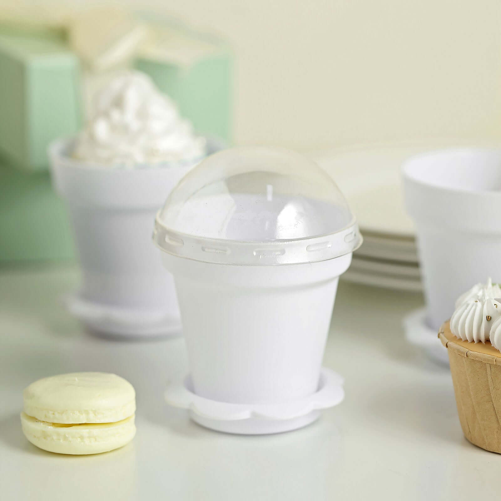 12-Piece White Plastic Dessert Cups with Succulent Planter Design, Lids and Shovels