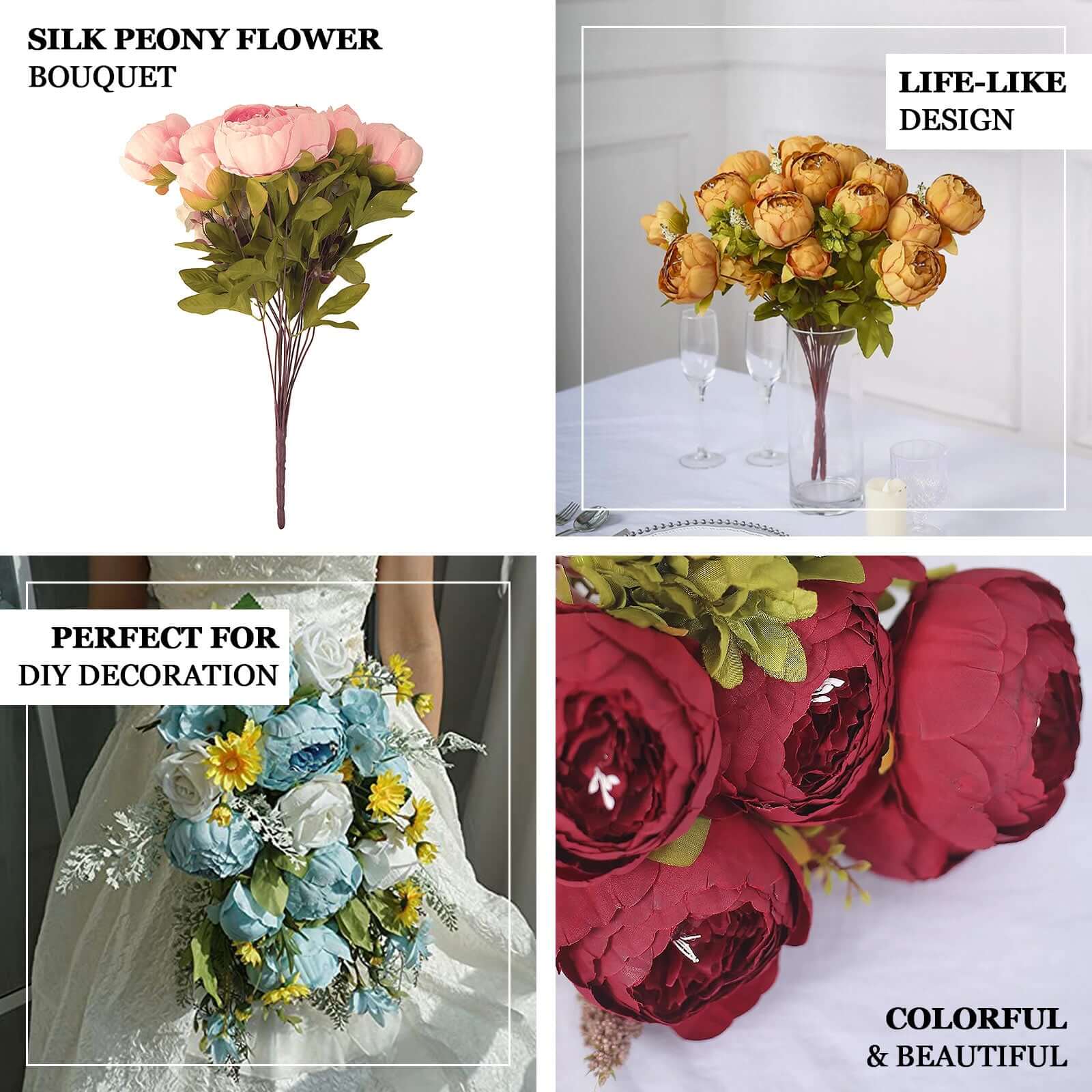 2-Pack 19-Inch Burgundy and Dusty Rose Faux Silk Peony Flower Wedding Bouquets