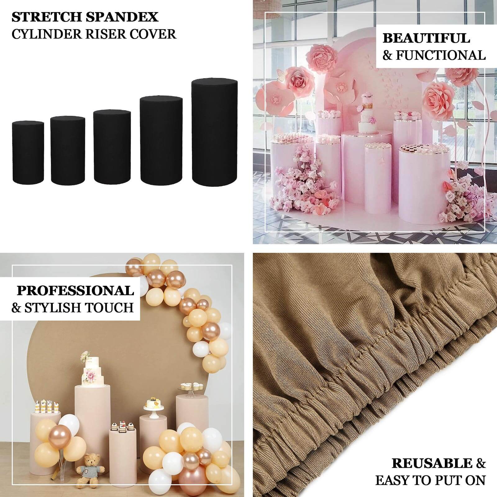 Stretchable 160 GSM Black Spandex Set of 5 Cylinder Pedestal Stand Covers