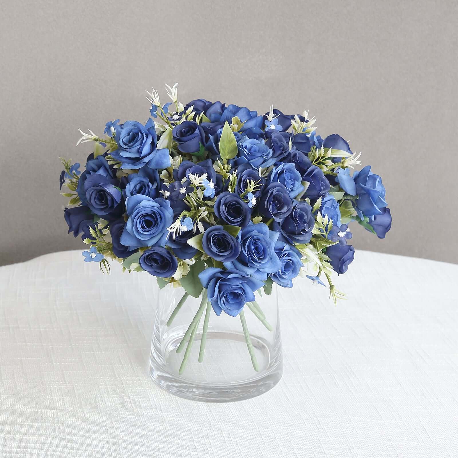 12-Inch Navy Blue Real Touch Artificial Silk Rose Flower Bouquet with 4 Bushes