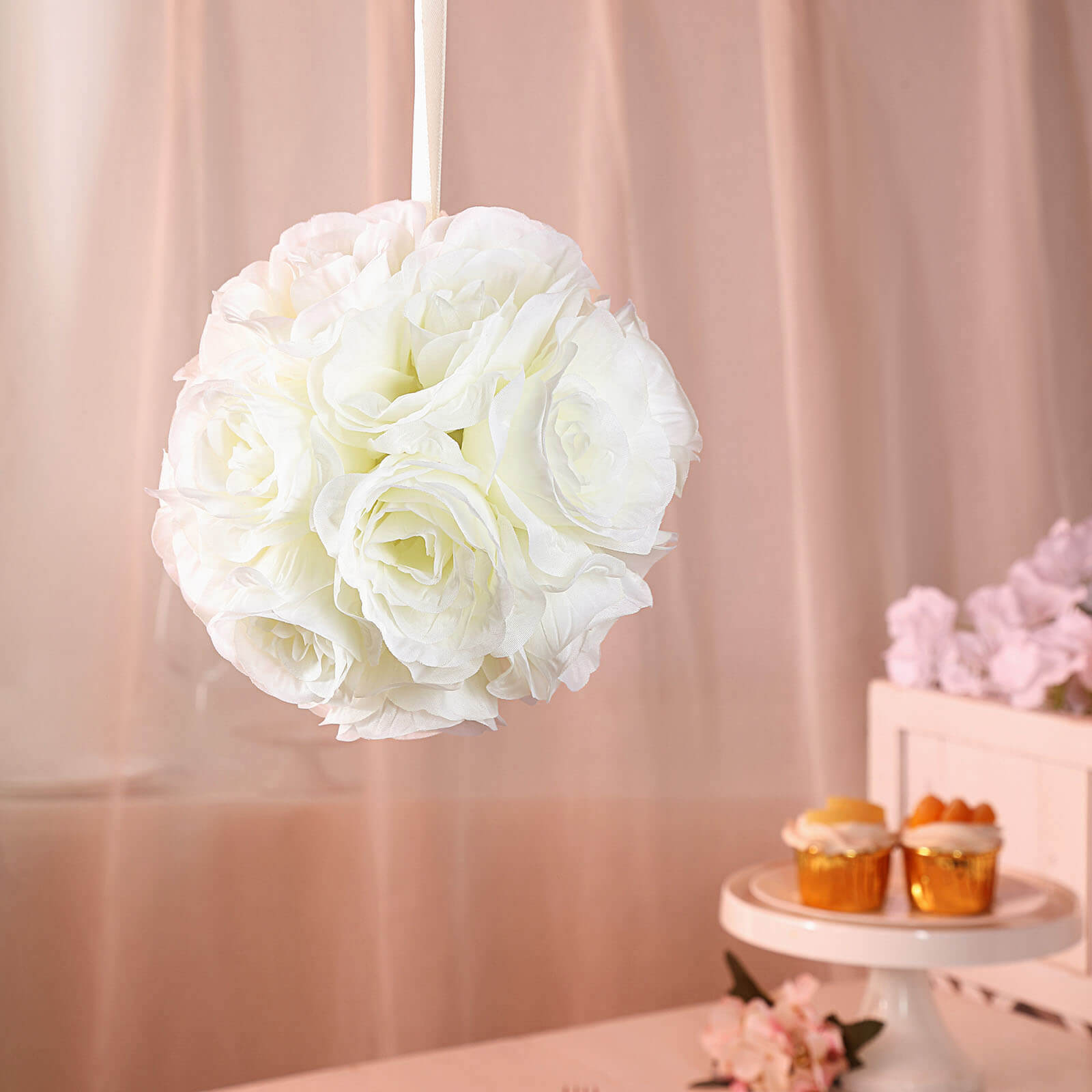 2-Pack Cream Artificial Silk Rose Kissing Balls, 7-Inch Faux Flower Decor