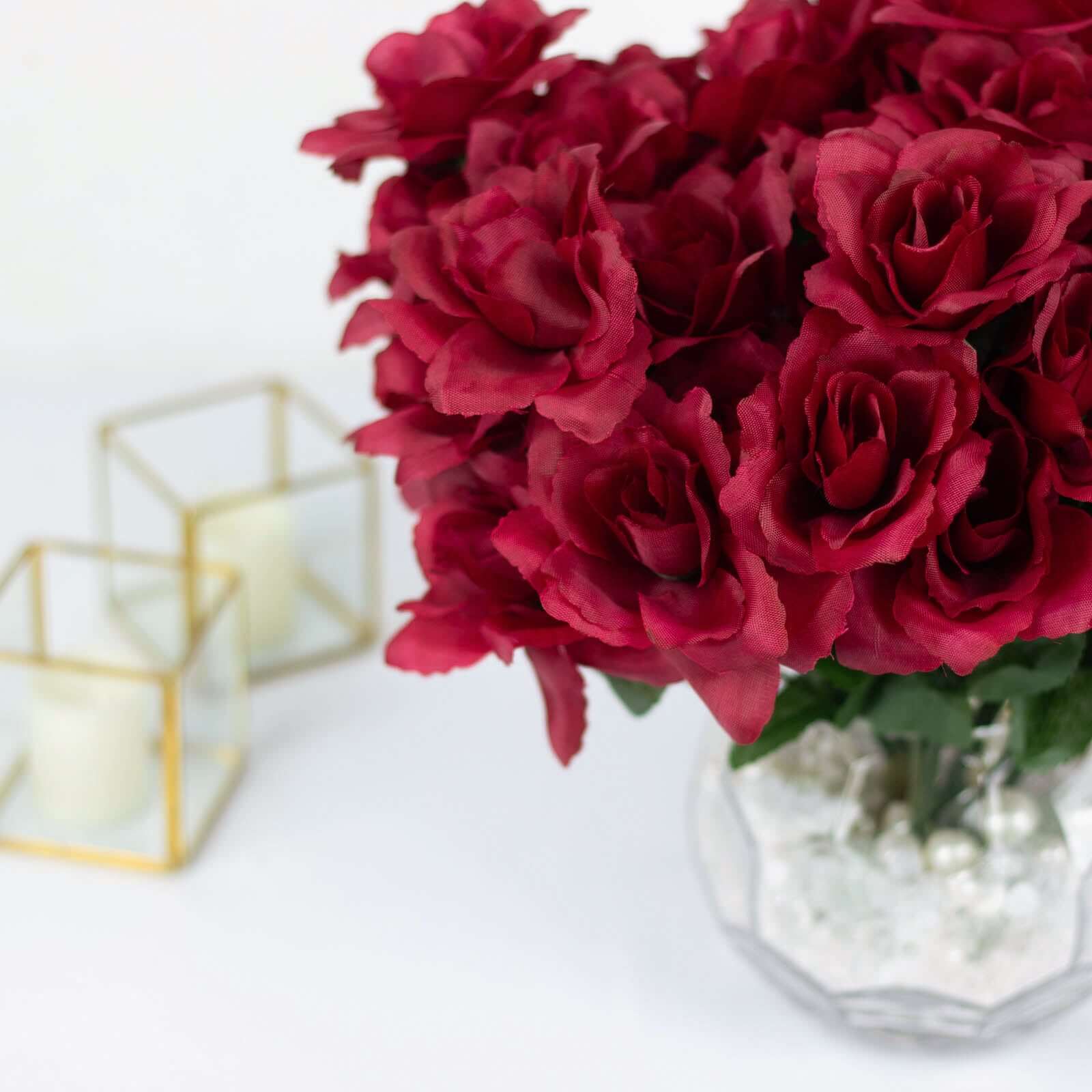 12 Bushes of Premium Burgundy Artificial Silk Rose Flowers, 84 Roses in Total