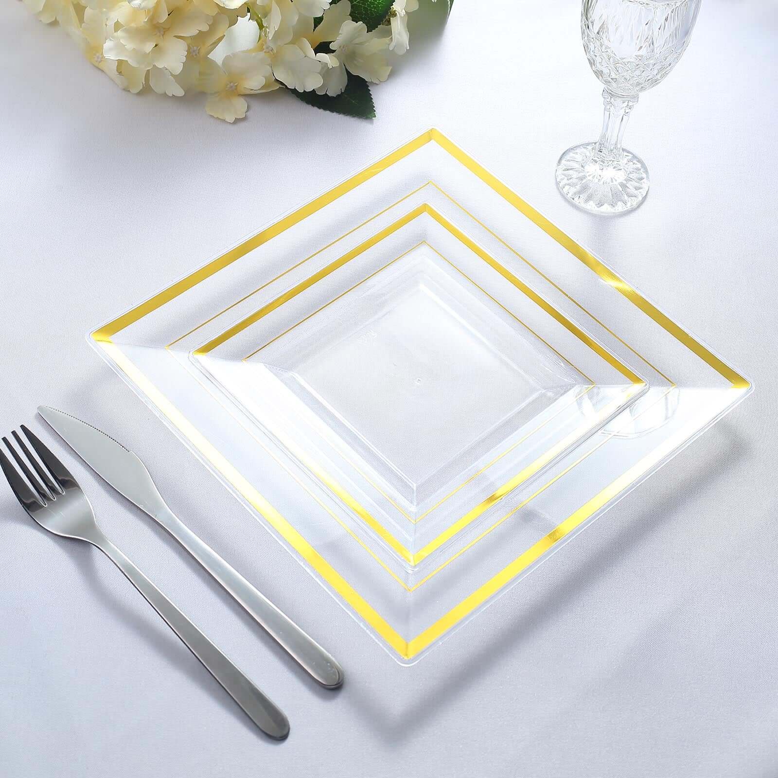 10-Pack Disposable Clear Square Salad & Dessert Plastic Plates with Elegant Gold Trim, 7 Inches