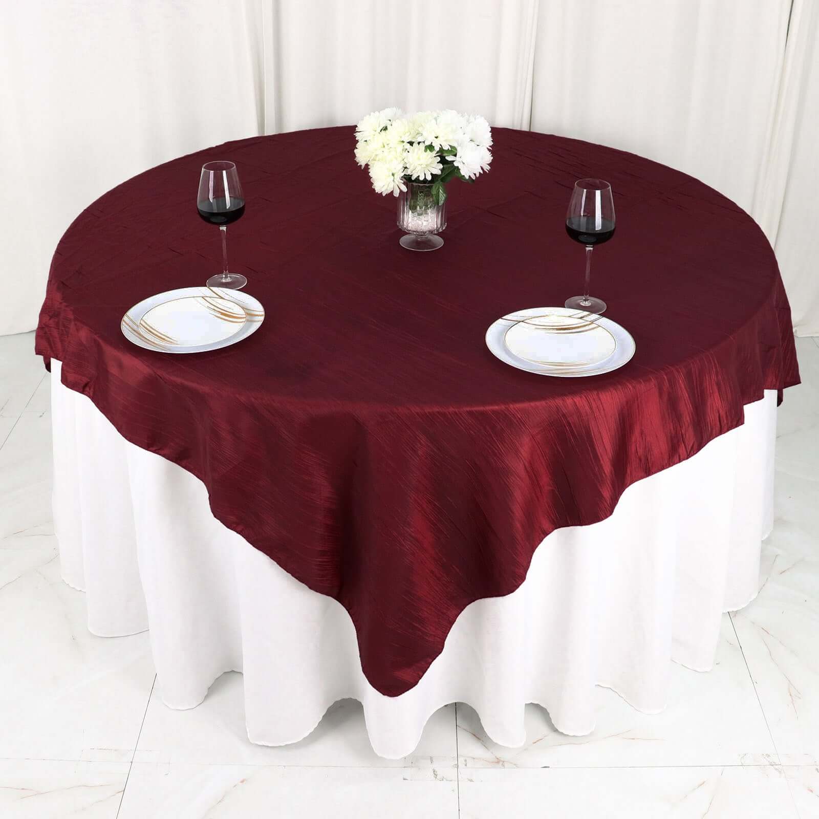 Hot! Burgundy 72x72 Square Accordion Crinkle Taffeta Table Overlay