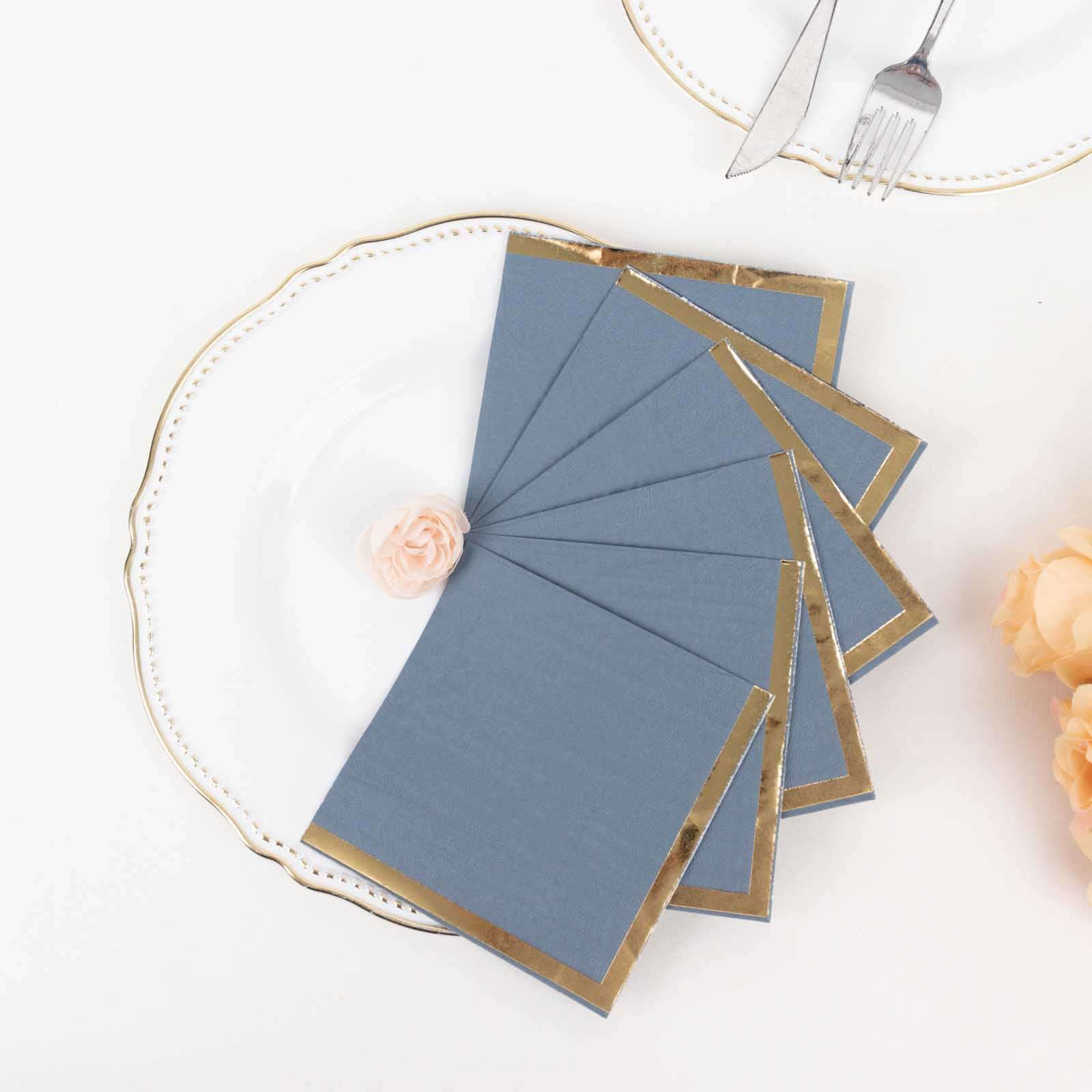 Hot! 50-Pack 2-Ply Disposable 18GSM Dusty Blue Cocktail Napkins with Gold Foil Edge 5x5