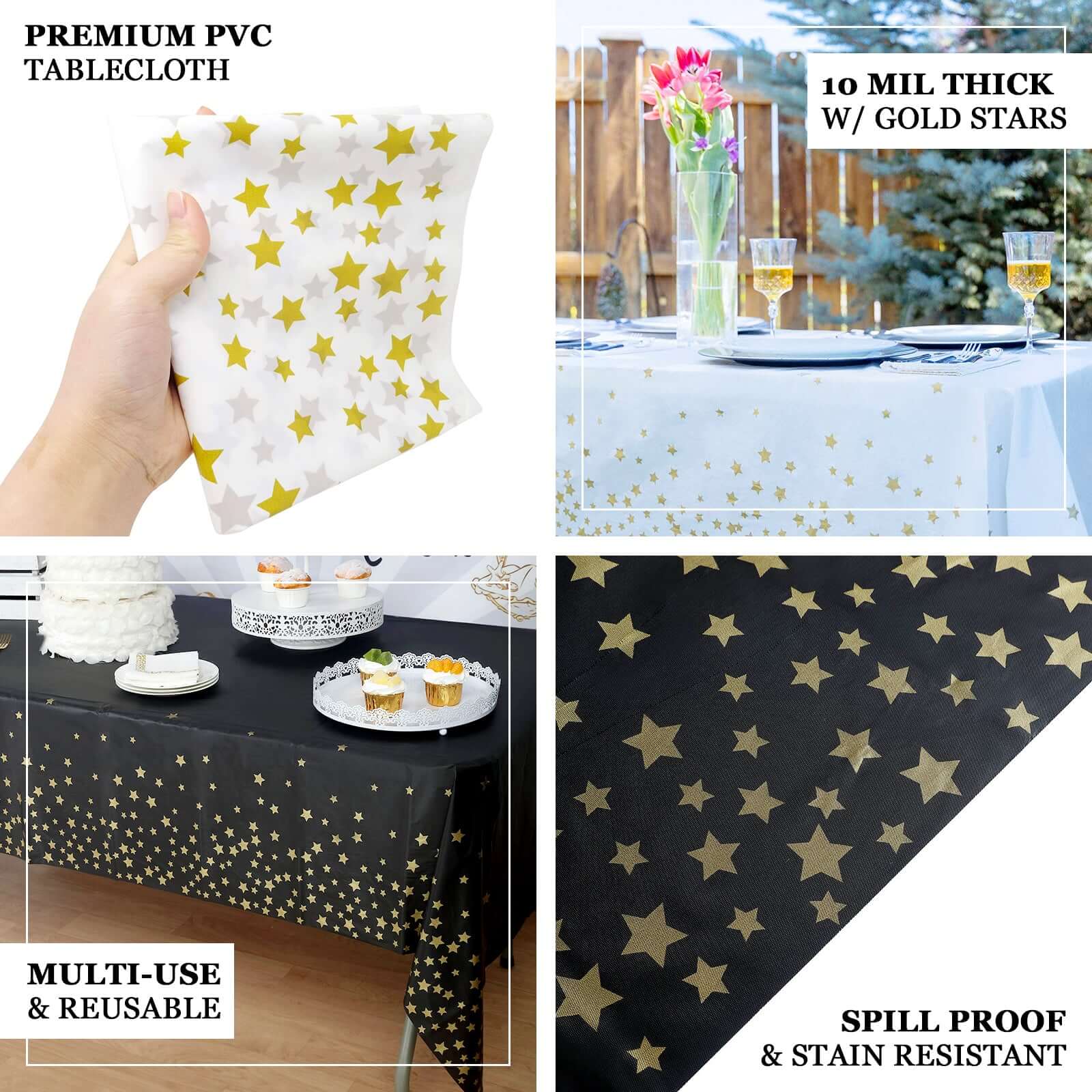 5-Pack Premium Disposable PVC Table Covers: Black Rectangle with Gold Stars, 54x108