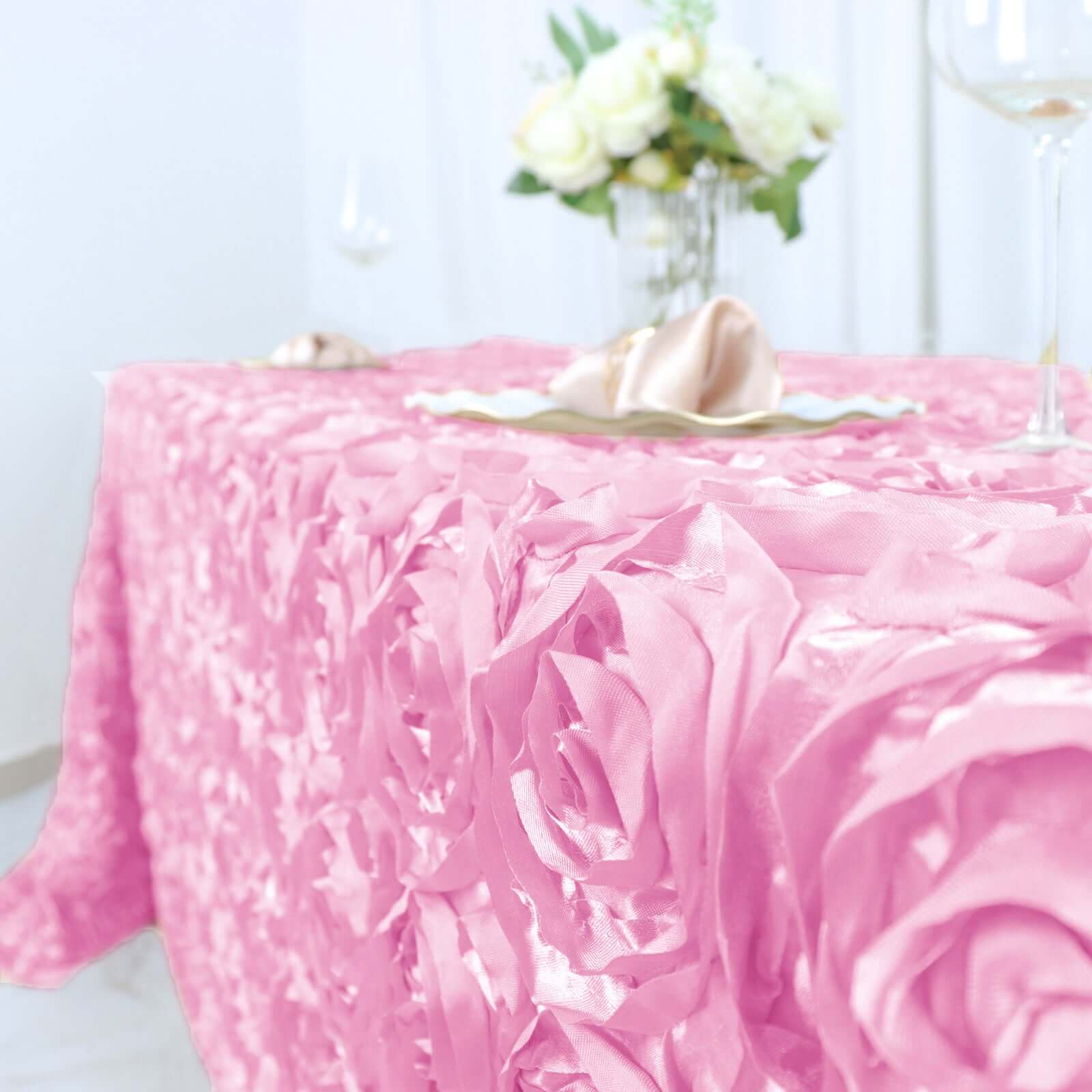 Hot Sale! Pink Satin 90x132 Rectangle Tablecloth with 3D Rosette Design