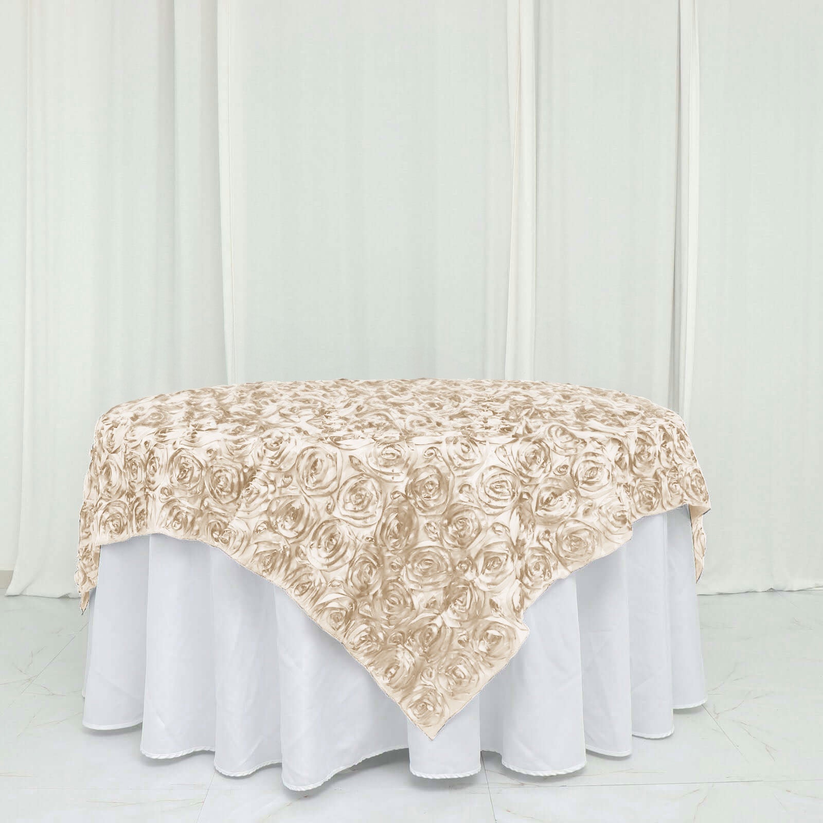Beige 72x72 Satin Square Table Overlay with 3D Rosette Design
