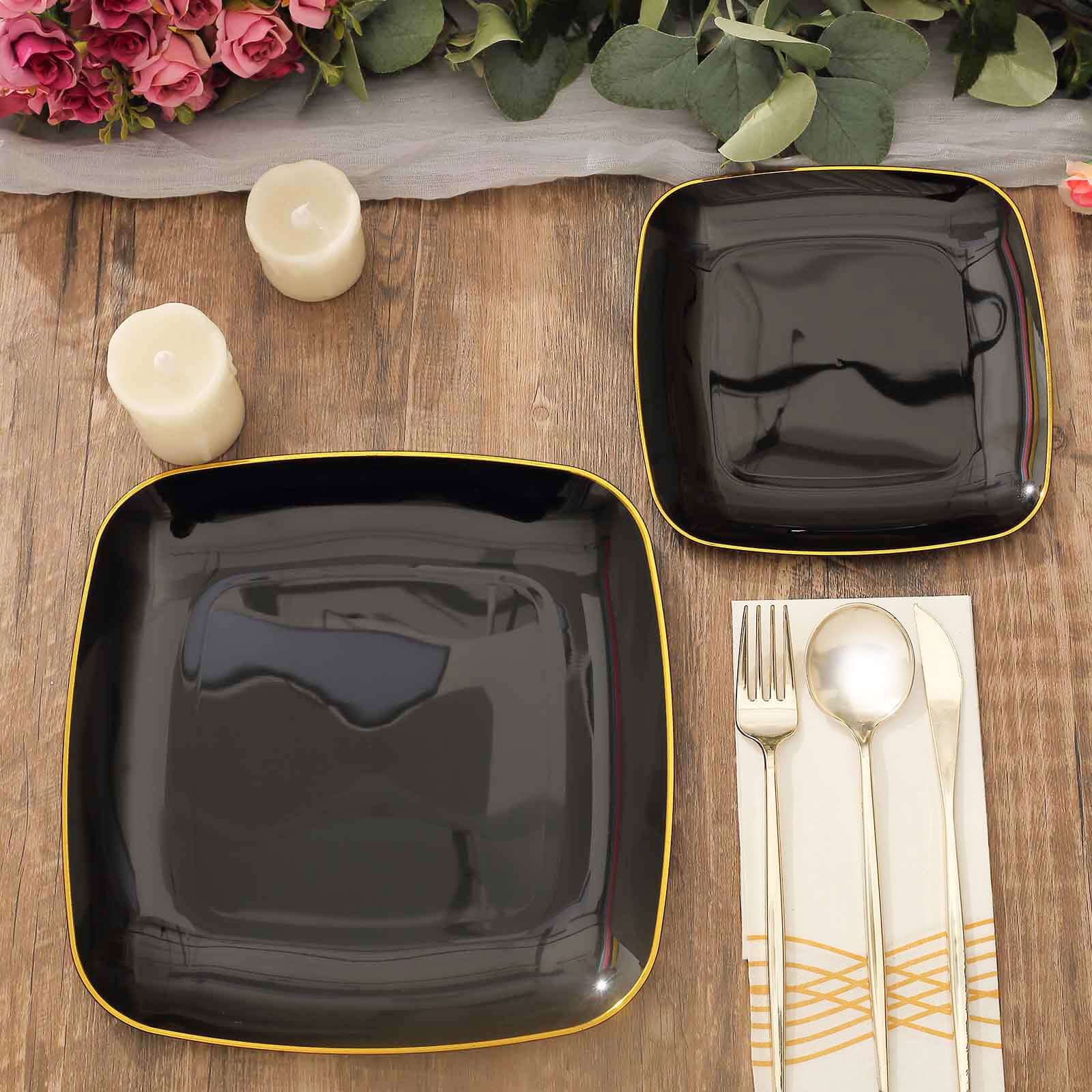 10-Pack Classy Disposable Black Plastic Dinner Plates with Gold Rim, 10 Square