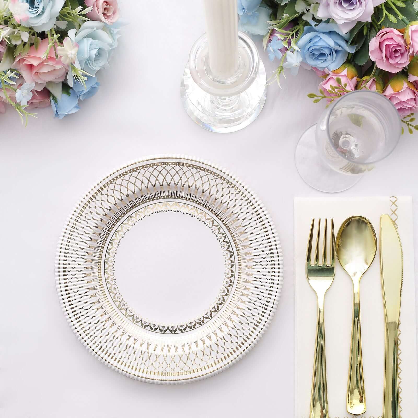 25-Pack Disposable 8-Inch White Salad Plates with Gold Vintage Porcelain Rim - Premium Quality