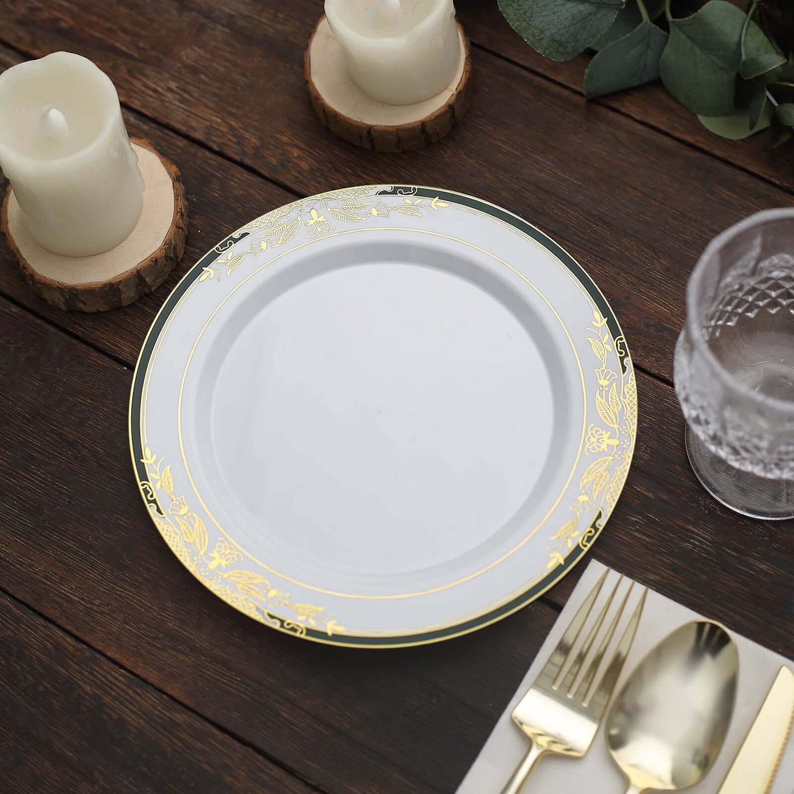 Hot Deal! 10-Pack Disposable 8-Inch Round Dessert & Salad Plates in White with Green & Gold Rim for Special Events