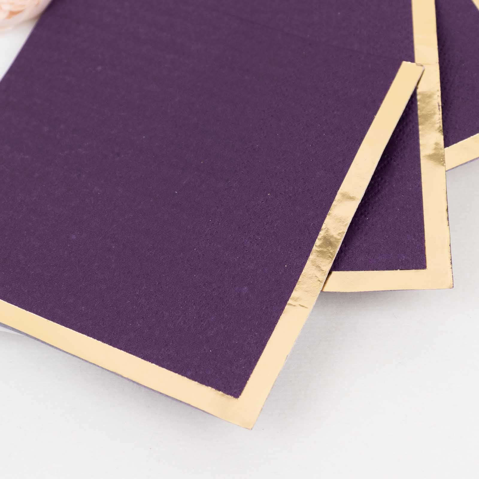 50-Piece 2-Ply Disposable Soft 18GSM Purple Cocktail Napkins with Gold Foil Edge, 5x5
