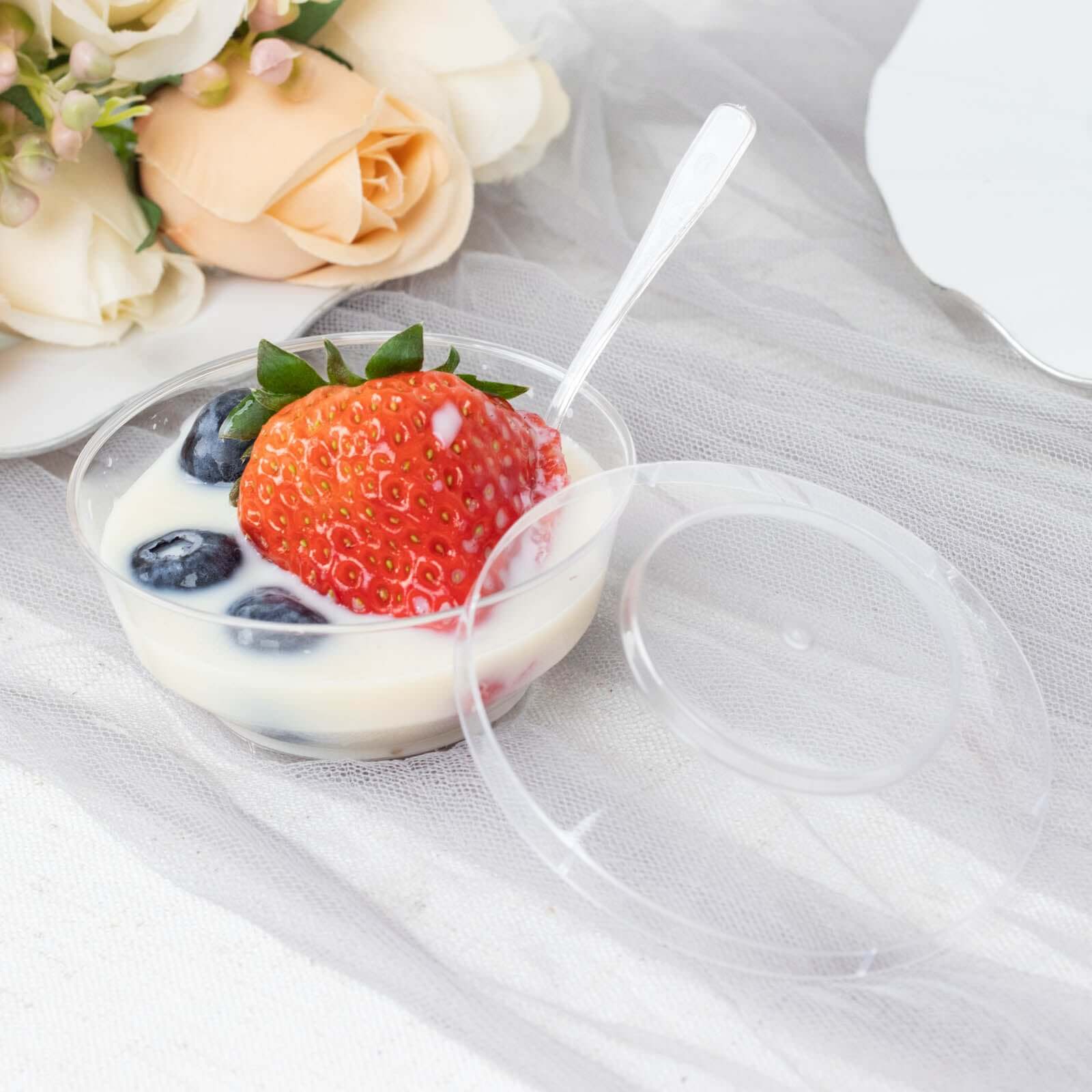 24-Piece Clear Plastic Mini Party Bowl Set with Lid and Spoon - 3.5oz Ideal for Desserts