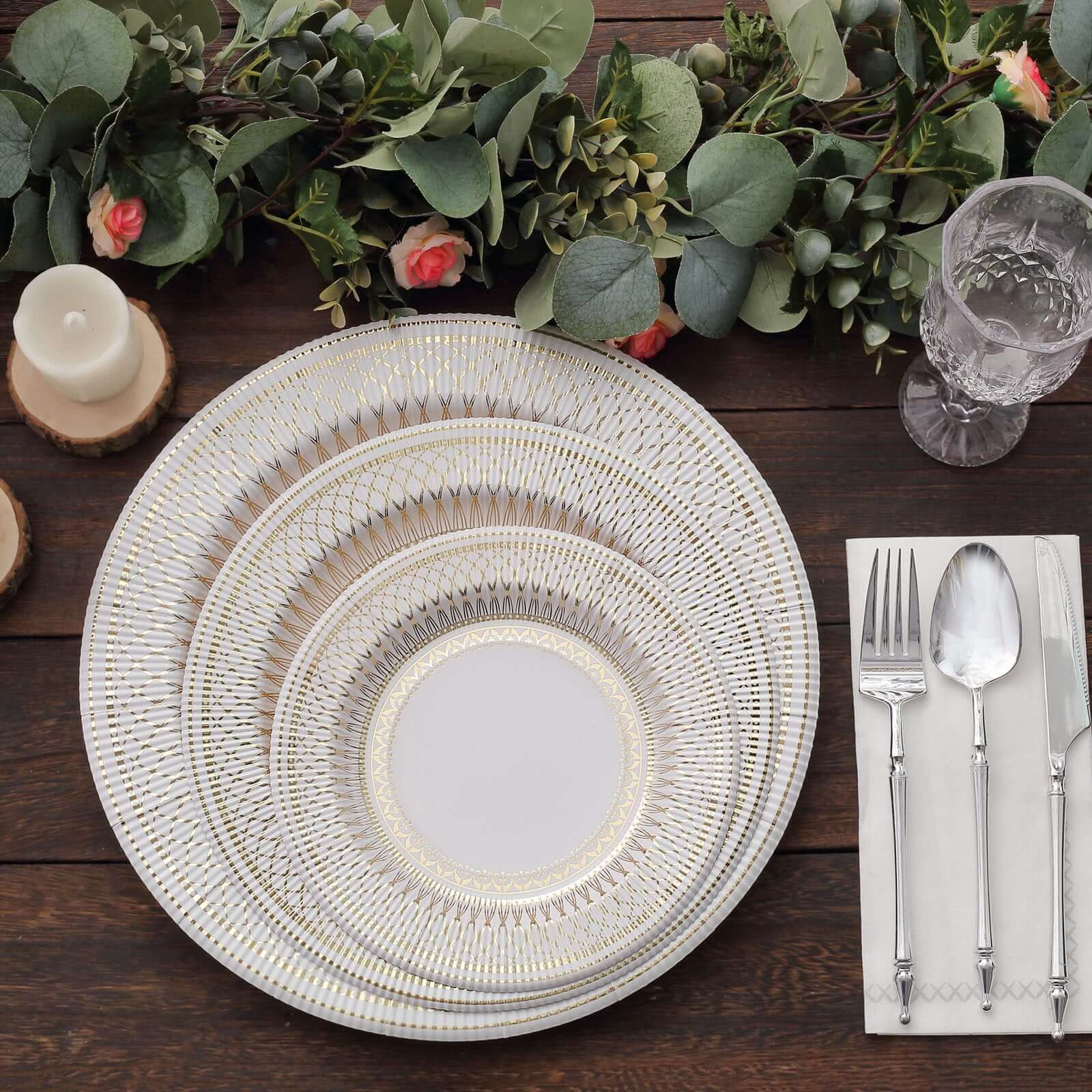 25-Pack Disposable 8-Inch White Salad Plates with Gold Vintage Porcelain Rim - Premium Quality