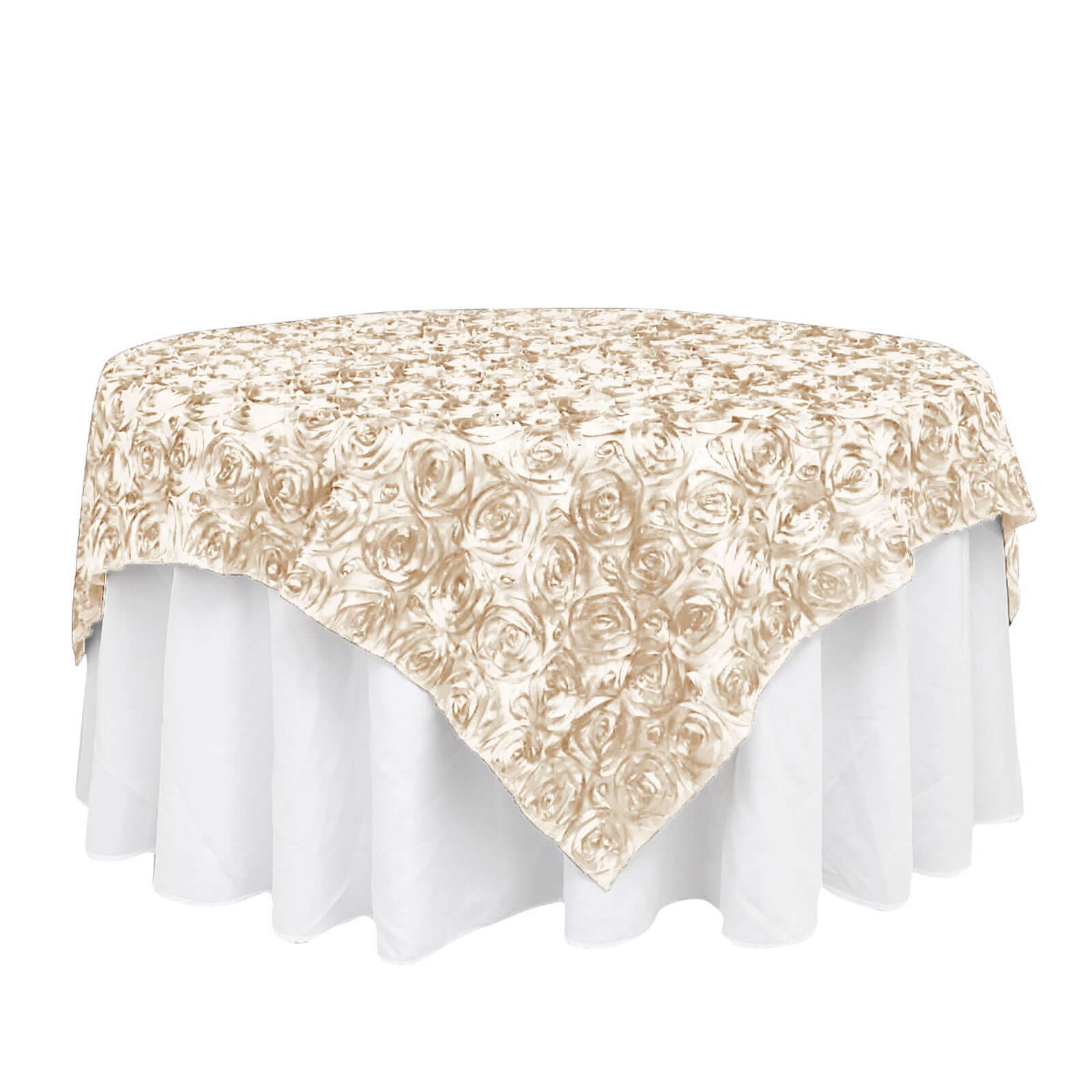 Beige 72x72 Satin Square Table Overlay with 3D Rosette Design