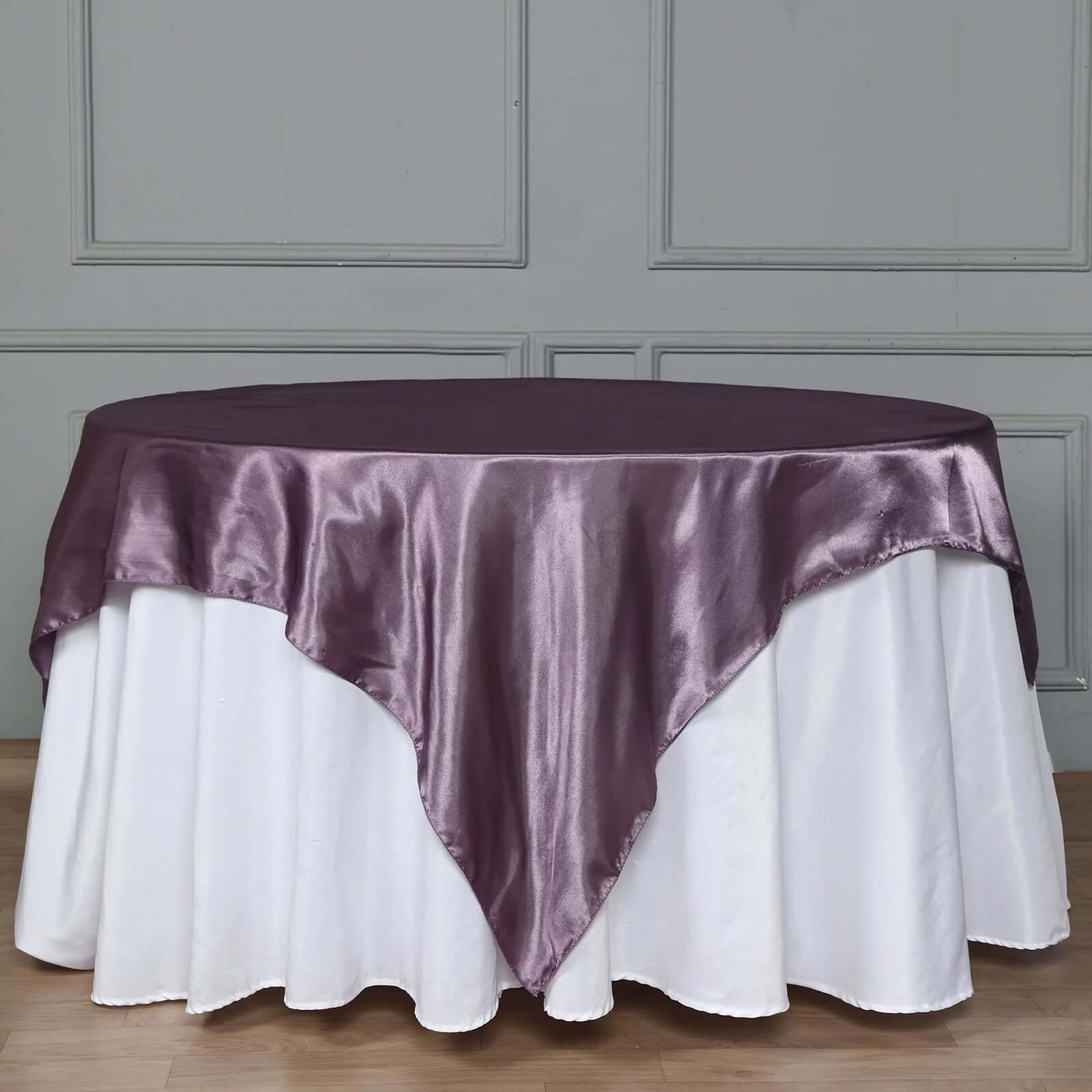Exclusive 72x72 Violet Amethyst Satin Square Table Overlay with Smooth Finish
