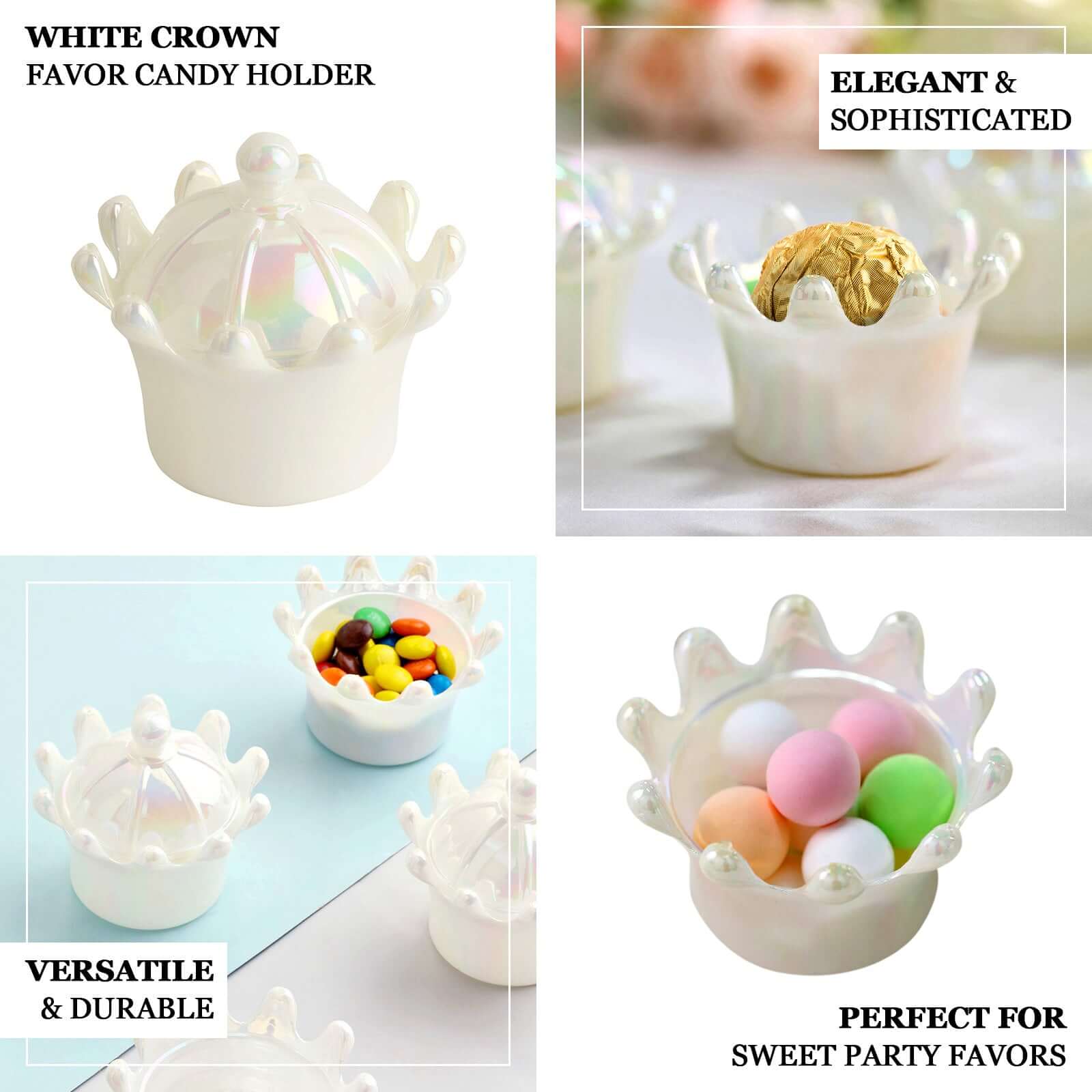 12-Pack White Mini Crown Treat Favor Boxes with Iridescent Dome Lids - Perfect for Parties!