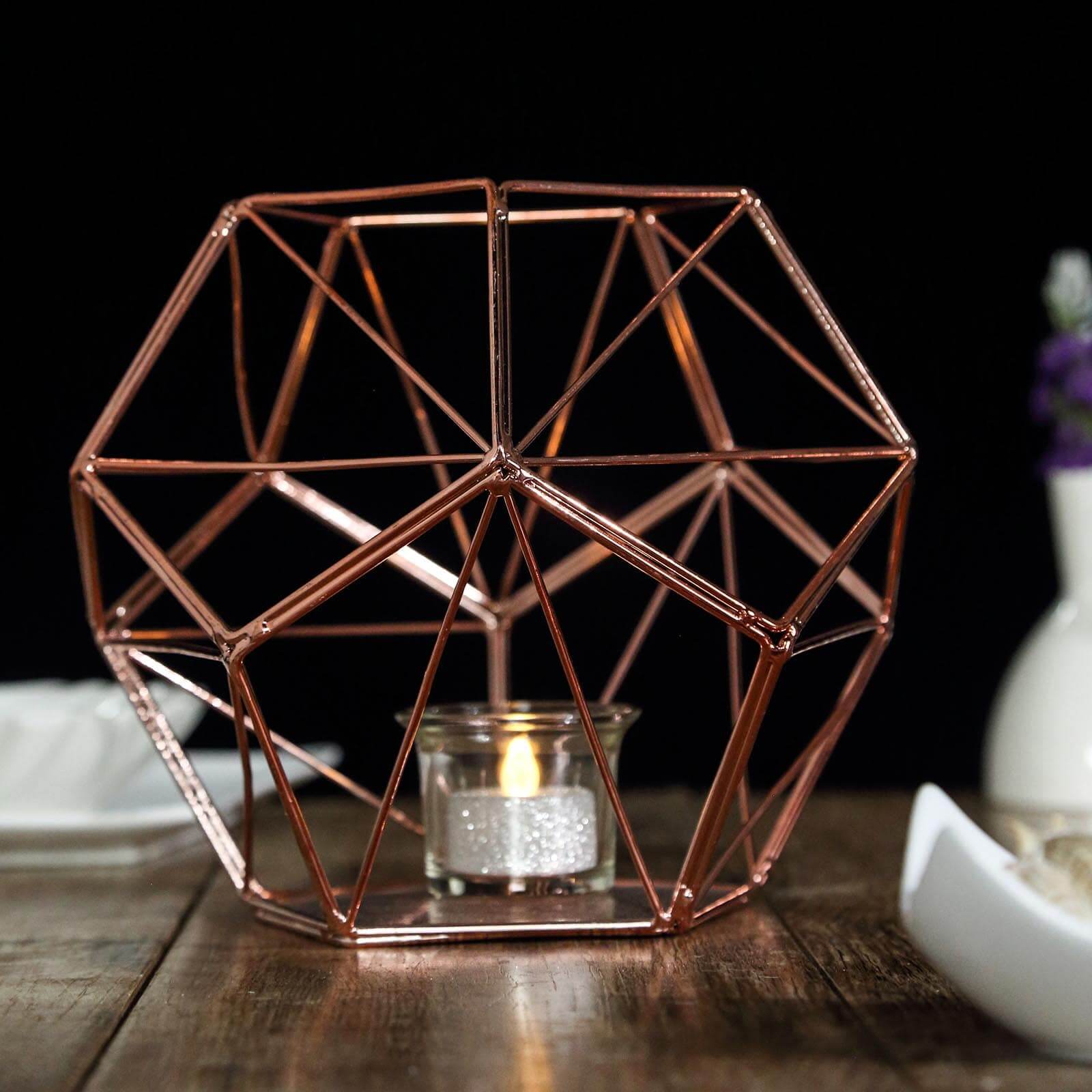 Stunning Rose Gold Metal Pentagon Prism Geometric Tealight Candle Holder - Ideal for Decor