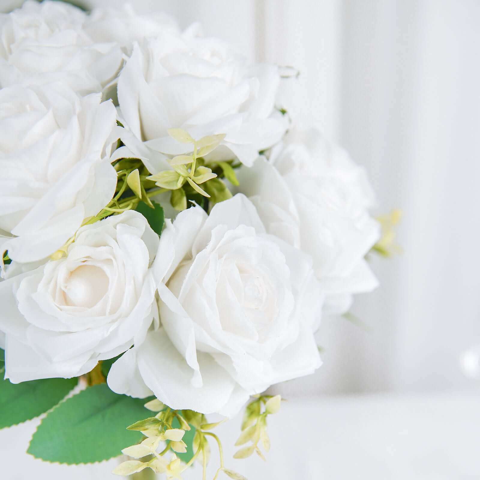 2 Bushes of 18 Realistic Touch White Silk Long Stem Artificial Rose Flower Bouquets
