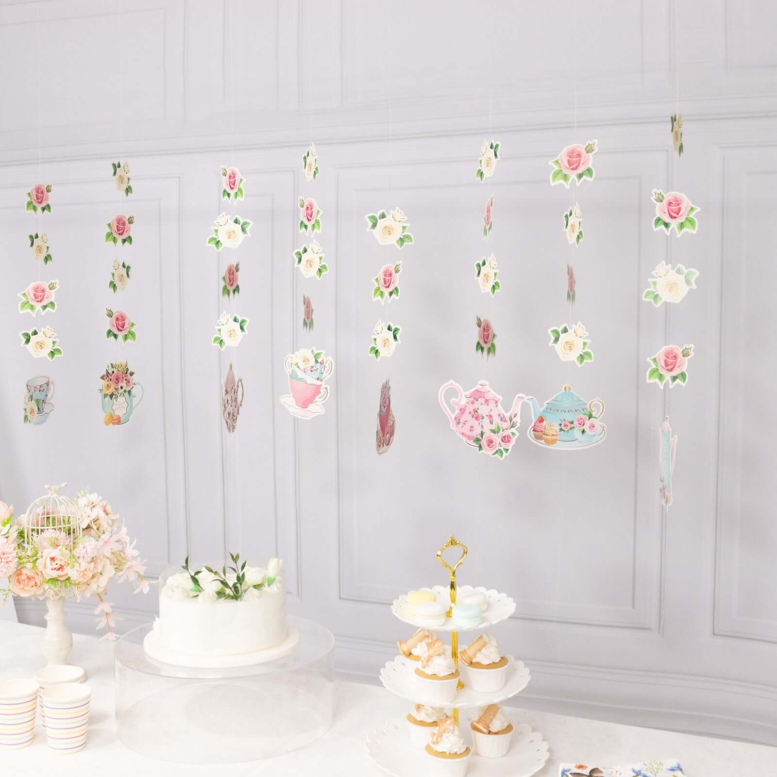8-Pack Double-Sided Floral Tea Party Paper Garland Set: 40 Pre-Assembled Mixed Teapot Decorations