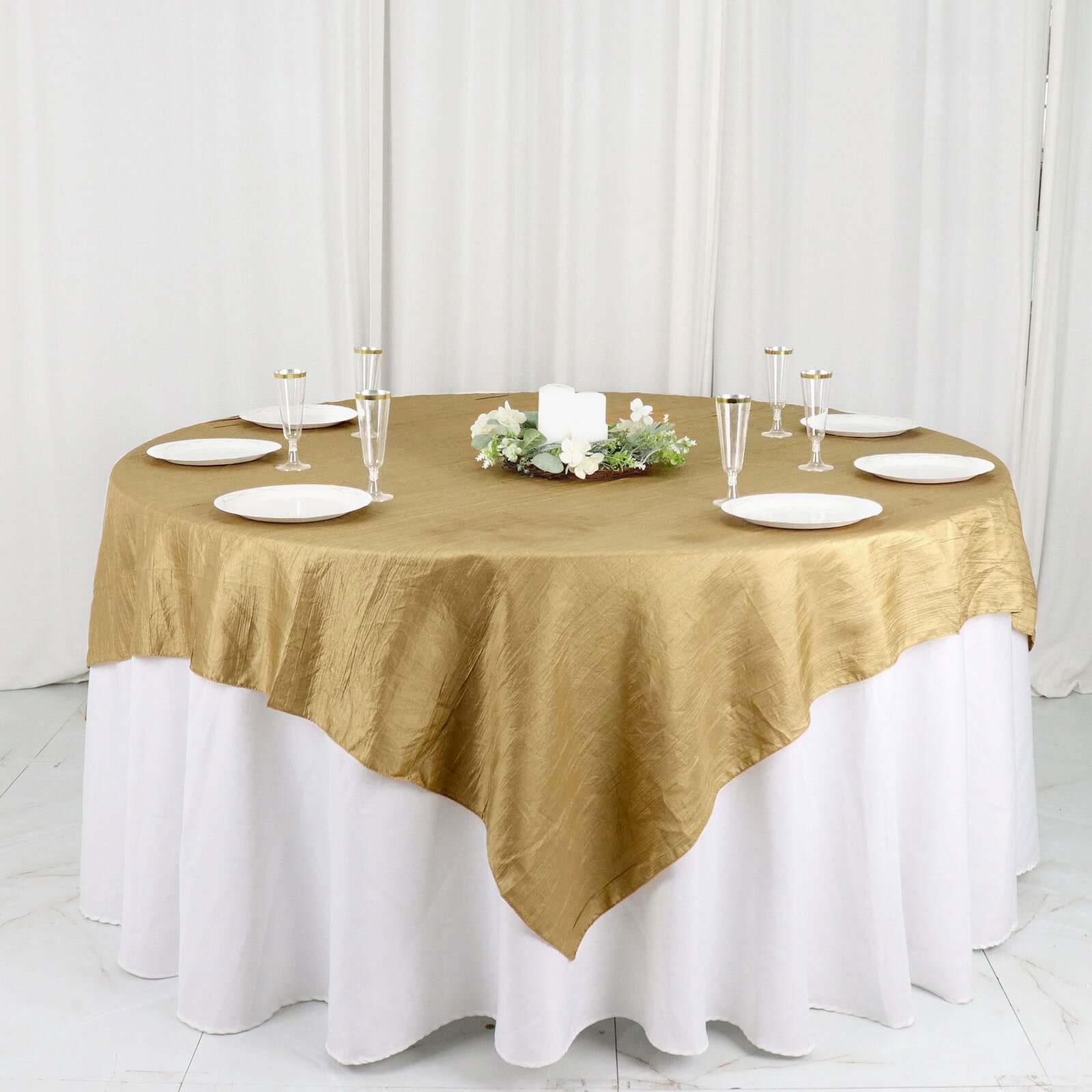 Gold Accordion Crinkle Design 72x72 Square Taffeta Table Overlay for Stylish Events