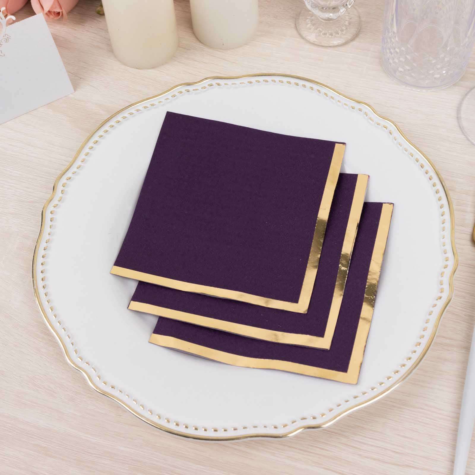50-Piece 2-Ply Disposable Soft 18GSM Purple Cocktail Napkins with Gold Foil Edge, 5x5