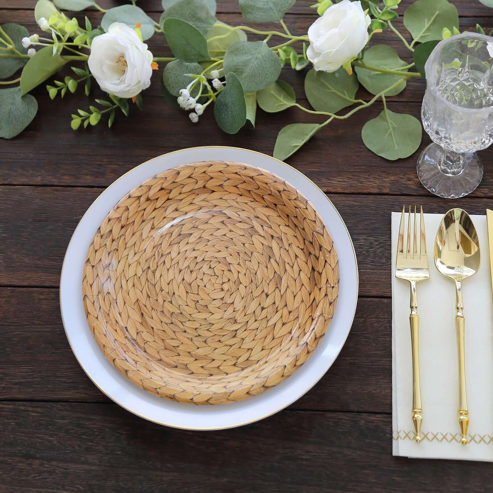 25-Pack 9" Natural Round Paper Dinner Plates with Woven Rattan Print - Ideal for Rustic Country Chic Parties