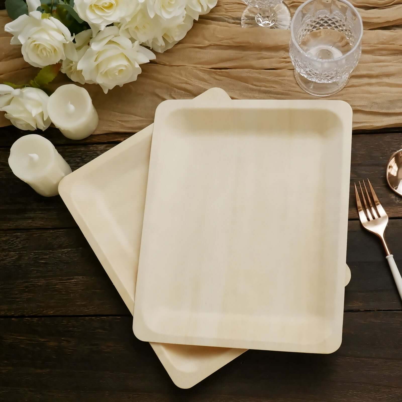 12-Pack Natural Birchwood 8x10 Rectangle Disposable Dinner Plates - Ideal for Farmhouse Events