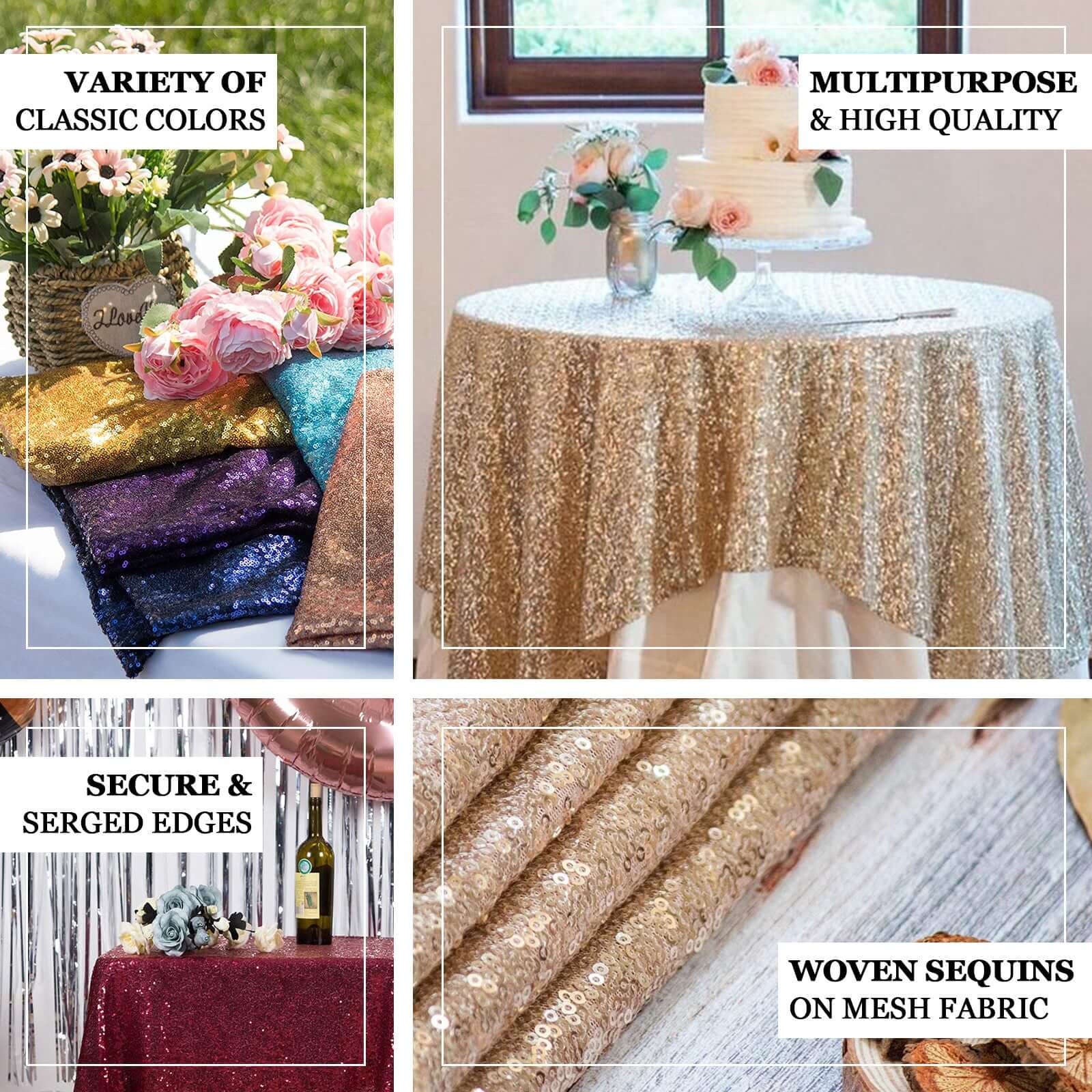 Luxe Gold Sequin Square Table Overlay 60x60 - Perfect for Weddings and Events