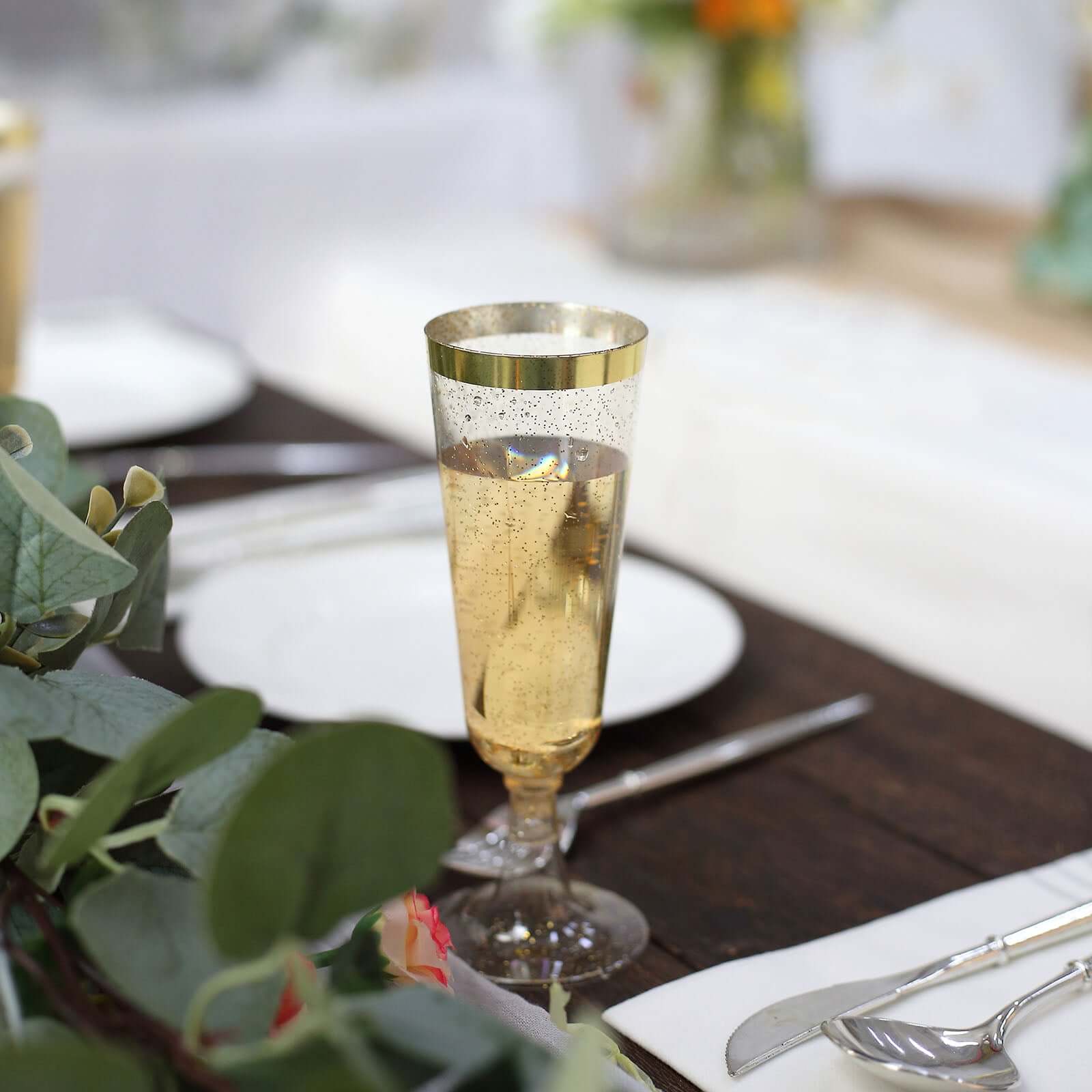 Hot Sale! 12-Pack Disposable Plastic Champagne Flutes with Clear Body, Gold Glitter, and Gold Rim for Parties, 6oz