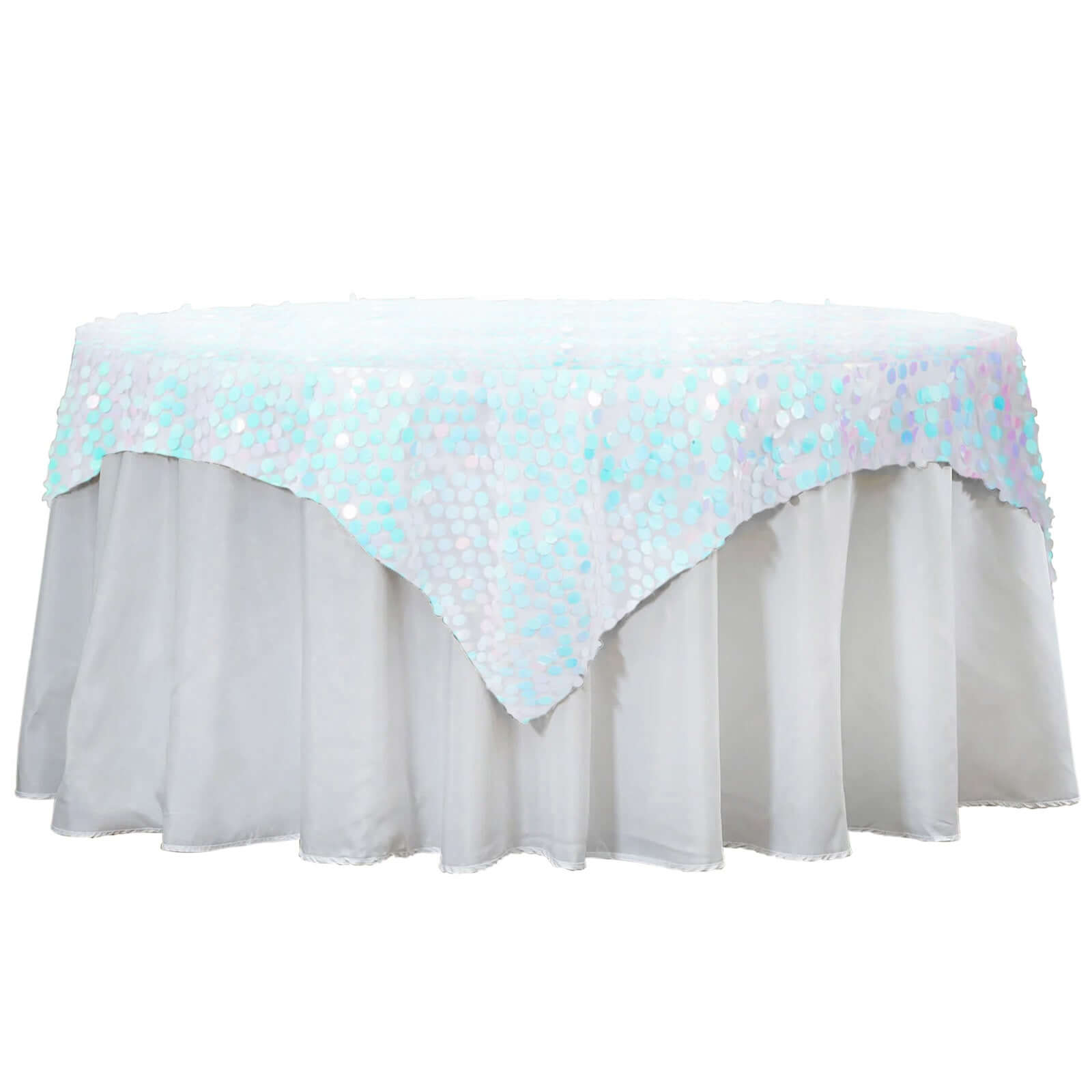 18mm Sequin 72x72 Square Table Overlay in Iridescent Blue for Big Tables