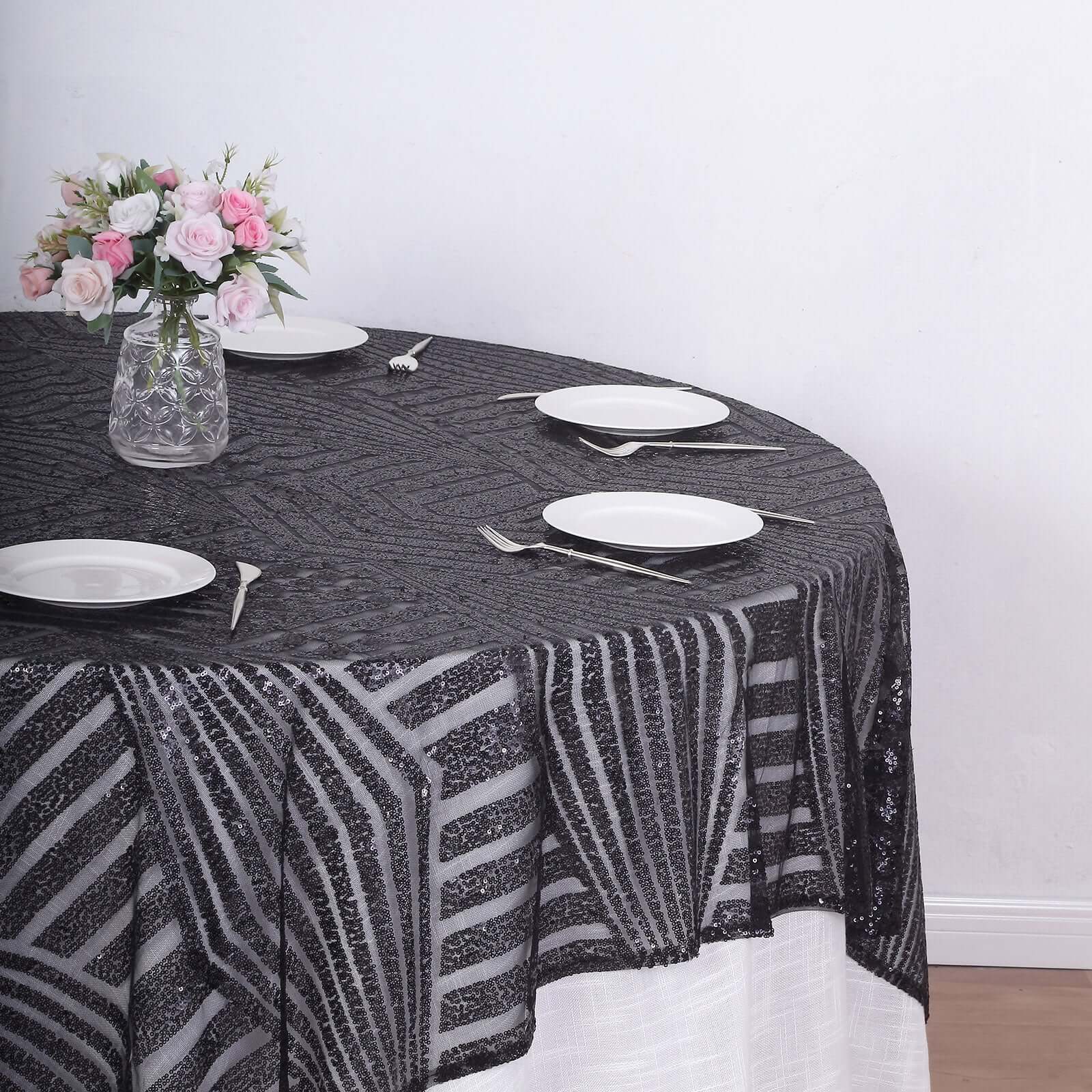 Black Diamond Glitz Sequin 72 Square Table Overlay Tablecloth