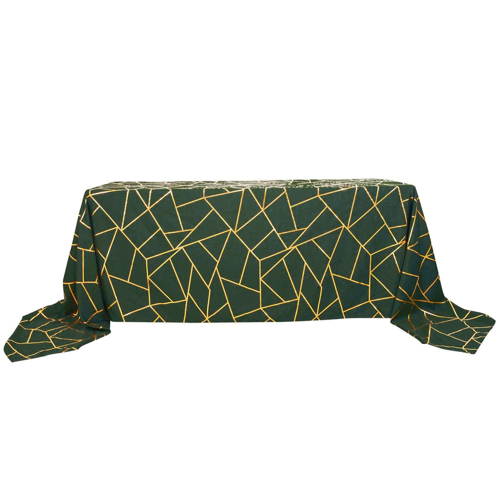Hot Sale! Wrinkle-Resistant Seamless Polyester Tablecloth in Hunter Emerald Green with Gold Foil Geometric Pattern, 90x132