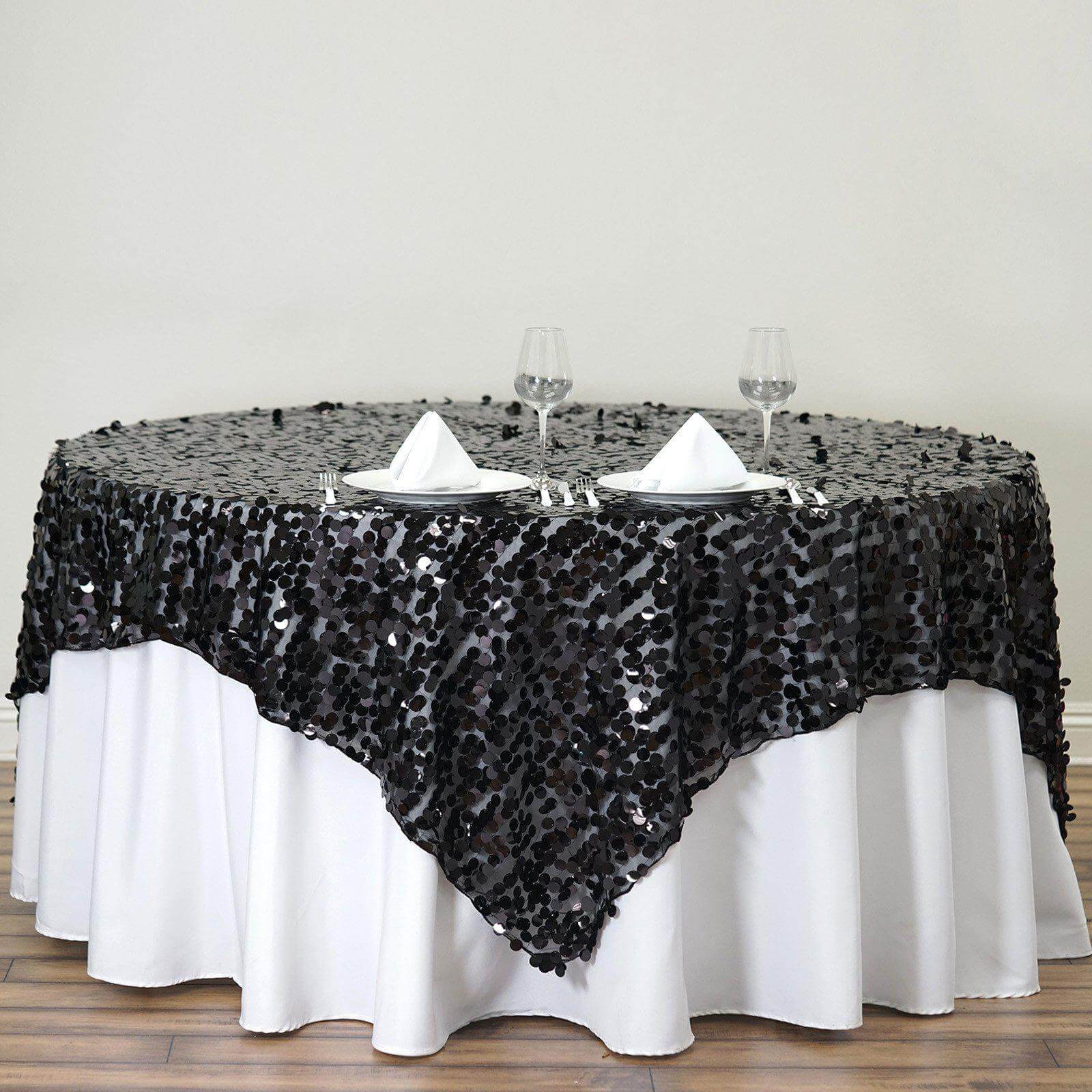 Hot Sale! Black Sequin Square Table Overlay Tablecloth, 72x72 Inches for Big Payette Tables