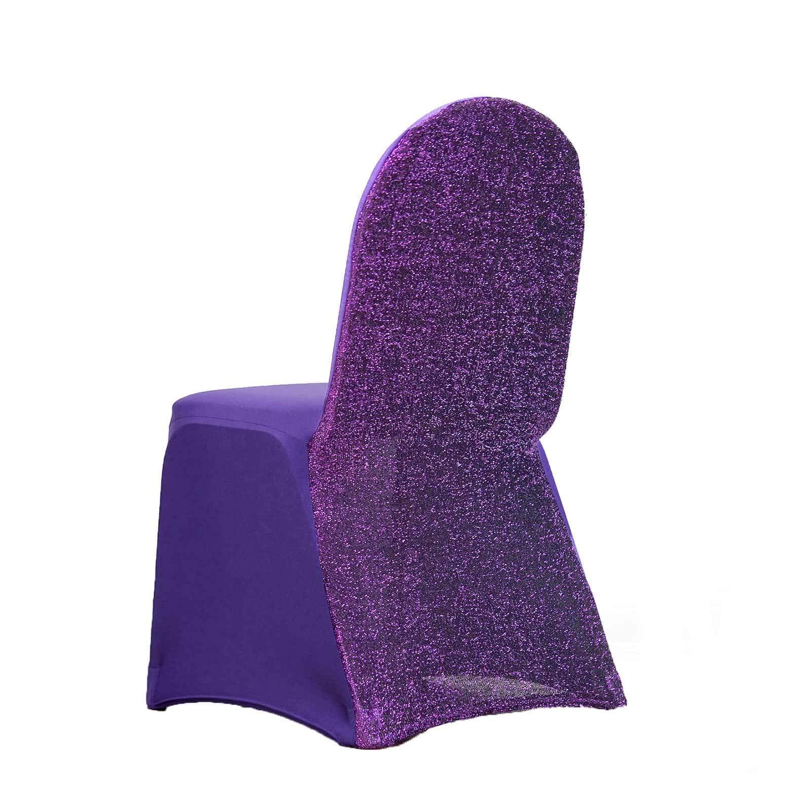 Hot! Purple Fitted Spandex Banquet Chair Cover with Metallic Shimmer Tinsel Back