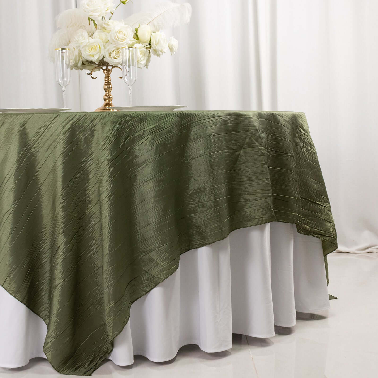 Hot! Dusty Sage Green 90x90 Square Accordion Crinkle Taffeta Table Overlay