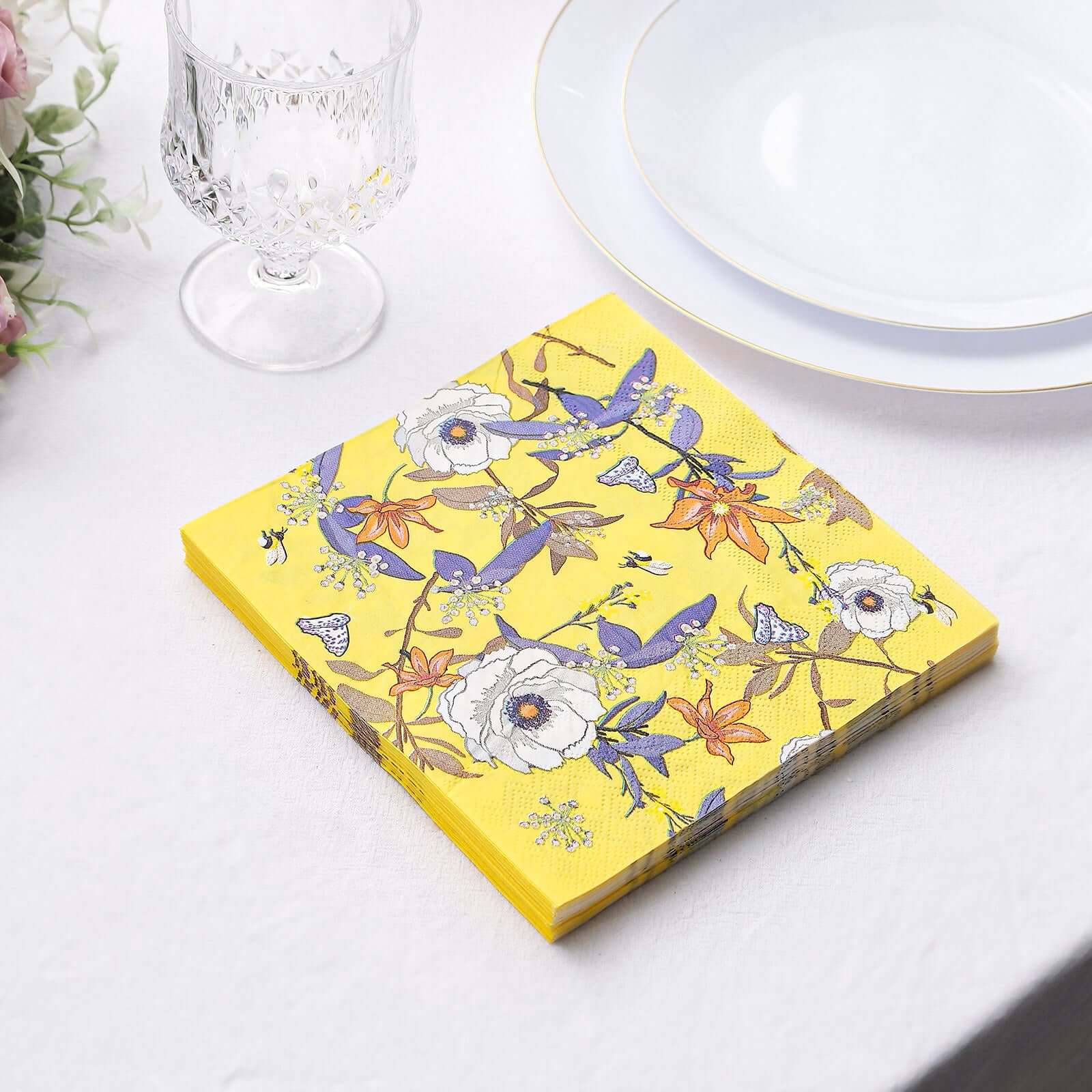 20-Pack Yellow Floral 2-Ply Soft 18GSM Paper Beverage Napkins for Weddings and Parties