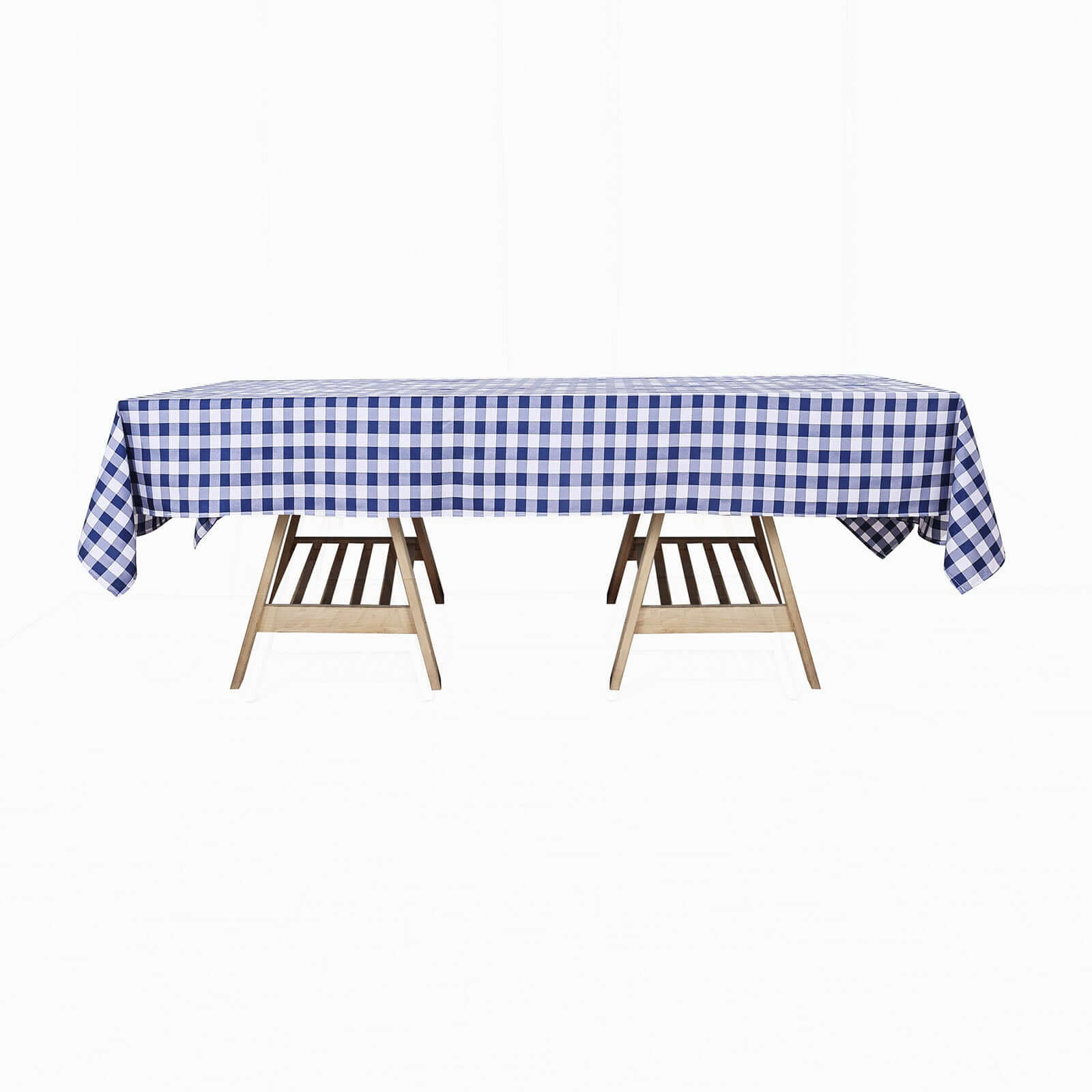 White/Navy Blue Checkered Buffalo Plaid Polyester Tablecloth - 60x102, Ideal for Events