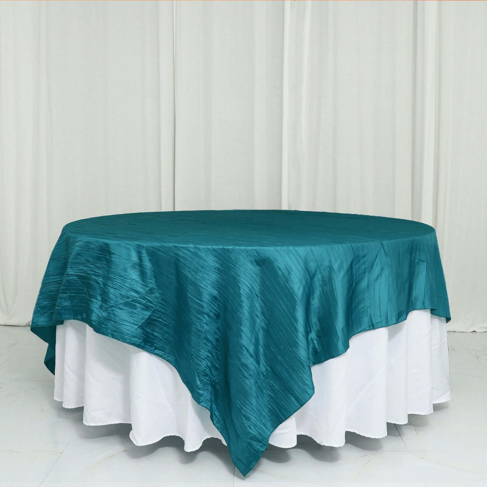 Exclusive Peacock Teal 90x90 Crinkle Taffeta Square Table Overlay