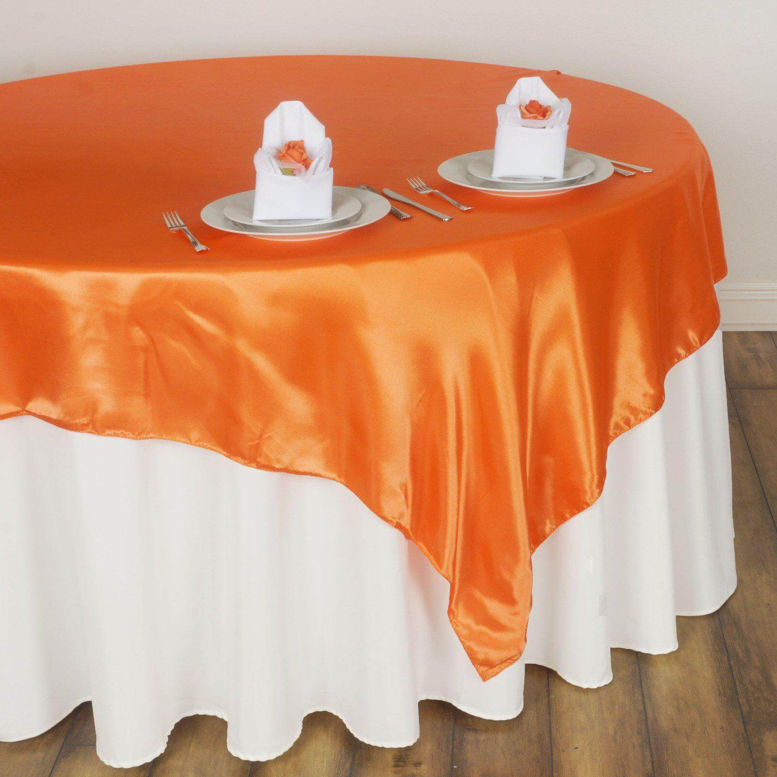Hot Deal! Orange Satin 60x60 Square Table Overlay with Smooth Silky Touch
