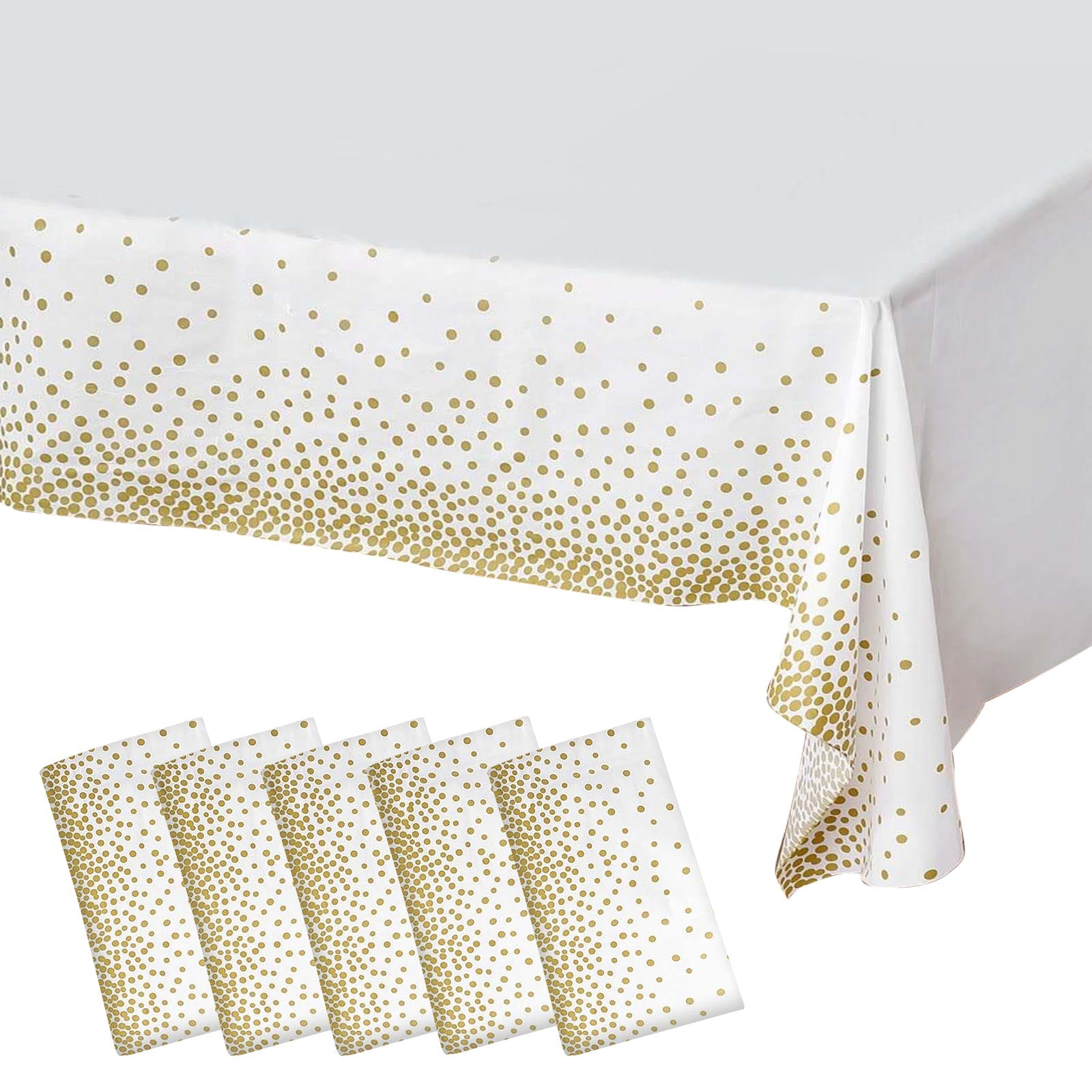 5-Pack Disposable PVC White Rectangle Table Covers with Gold Confetti Dots - Ideal for Events