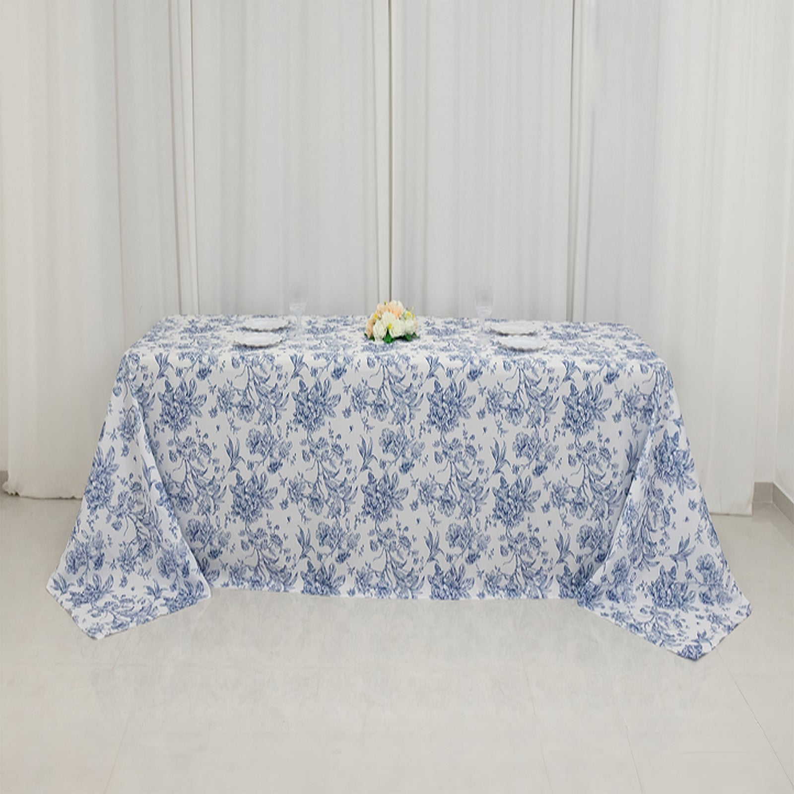 White Polyester Rectangle Tablecloth with Seamless Blue French Toile Pattern for Elegant Events