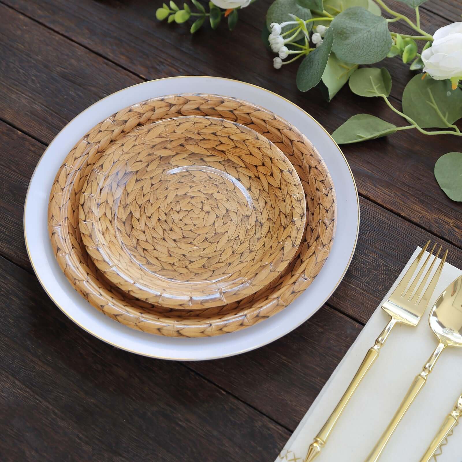 25-Pack 7" Natural Round Paper Dessert Plates with Woven Rattan Print - Premium Disposable Plates for All Occasions