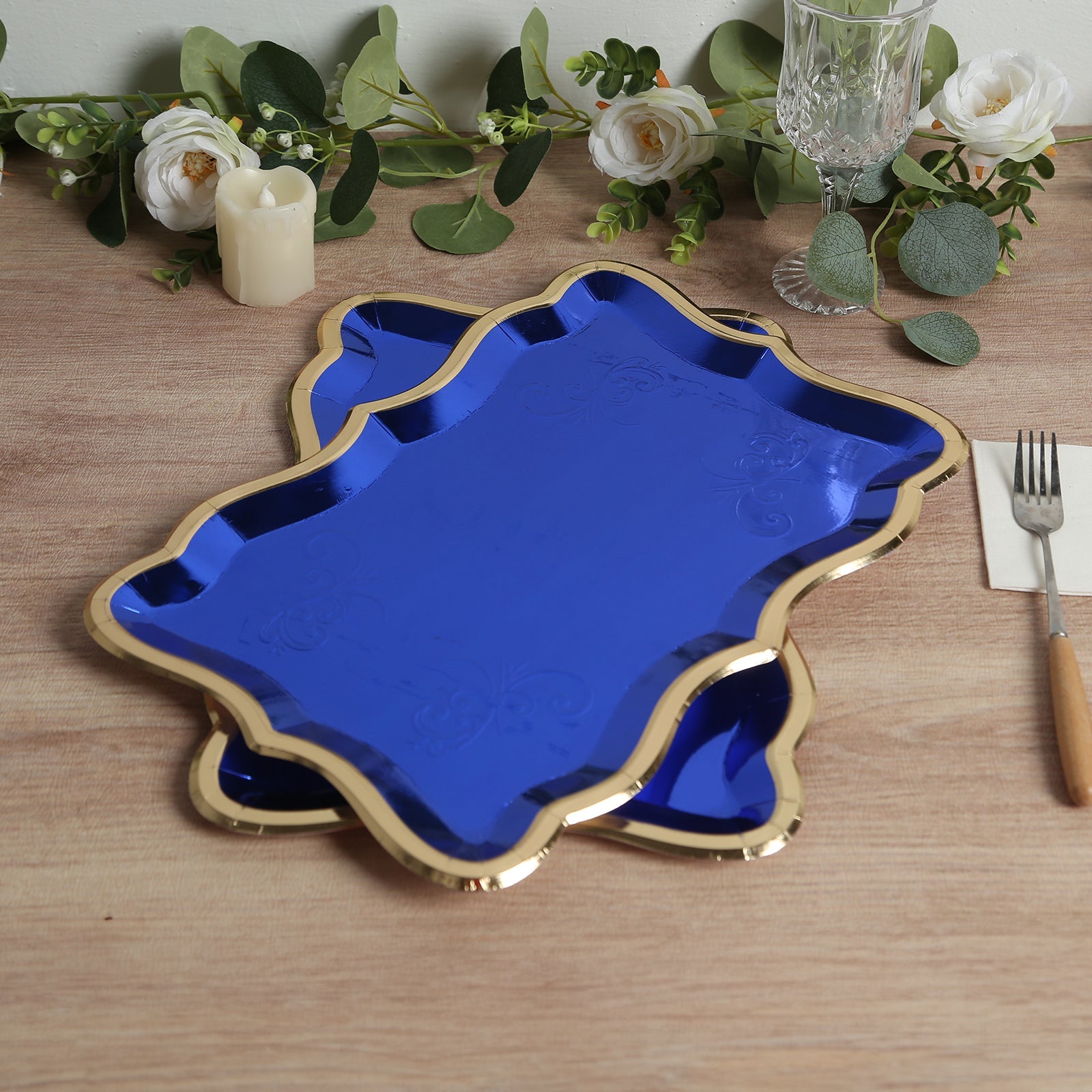 10-Pack Heavy Duty Disposable Royal Blue Paper Serving Trays with Gold Rim for Weddings & Parties